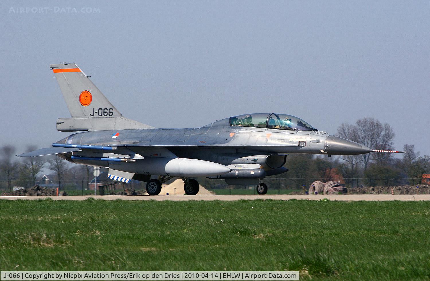J-066, 1987 General Dynamics F-16BM Fighting Falcon C/N 6E-35, J-066 carries the ornage kangaroo badge of the Royal Netherlands Test Unit and is here to be seen entering the runway at Leeuwarden AB during Frisian Flag 2010