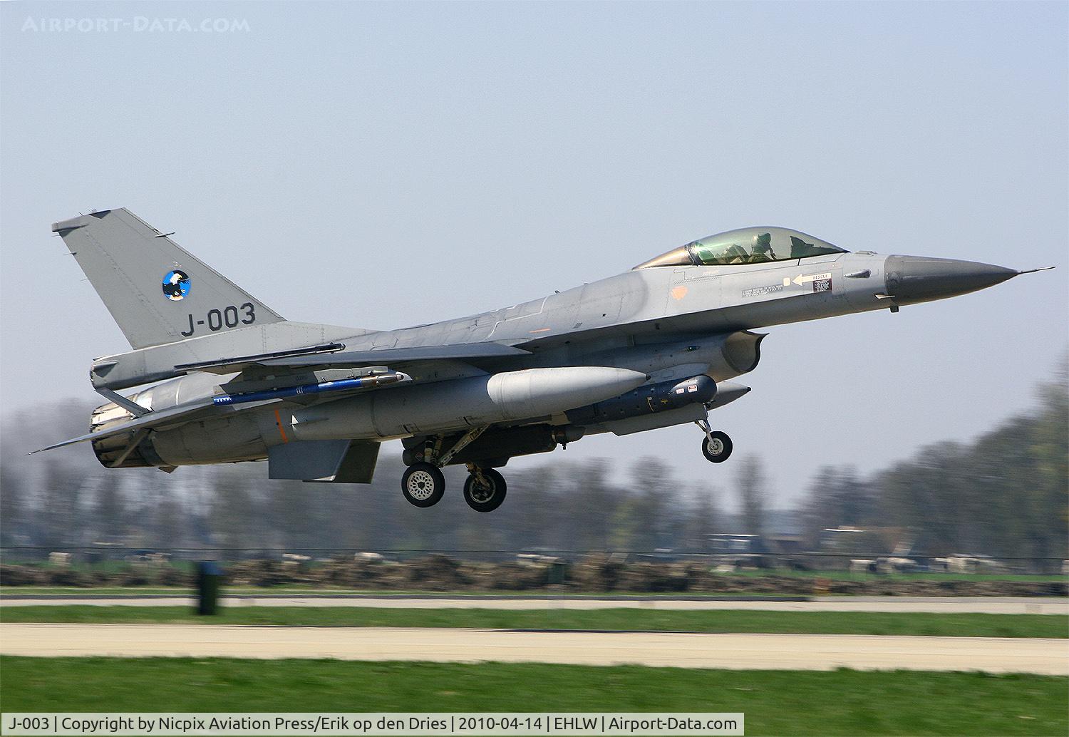 J-003, Fokker F-16AM Fighting Falcon C/N 6D-159, J-003 with full color 311 sqn badge is recovering to leeuwarden AB during Frisian Flag 2010
