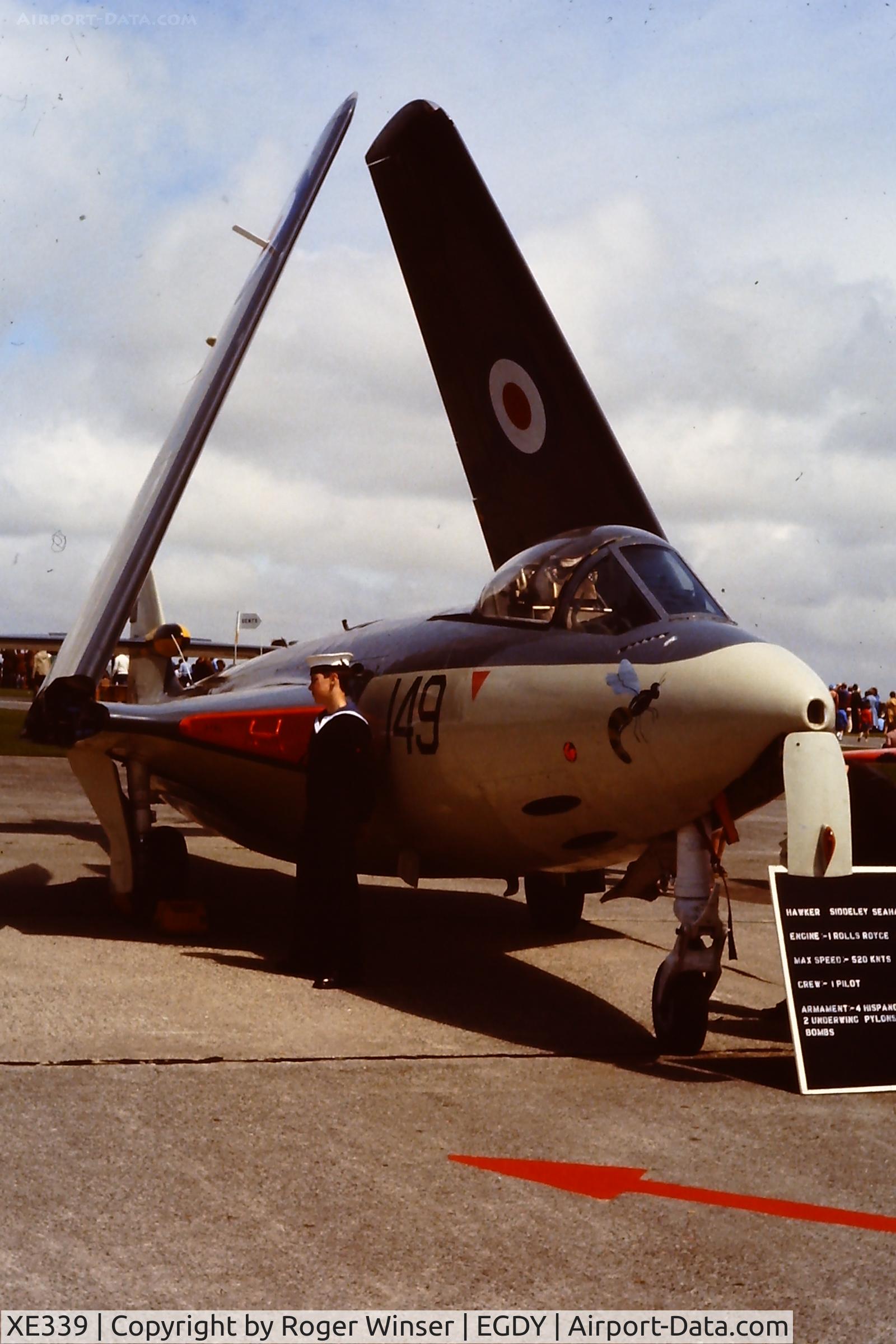 XE339, 1955 Hawker Sea Hawk FGA.6 C/N 6343, Preserved and marked as 149/E of 803 NAS. At RNAS Yeovilton Naval Air Day . Year to be confirmed