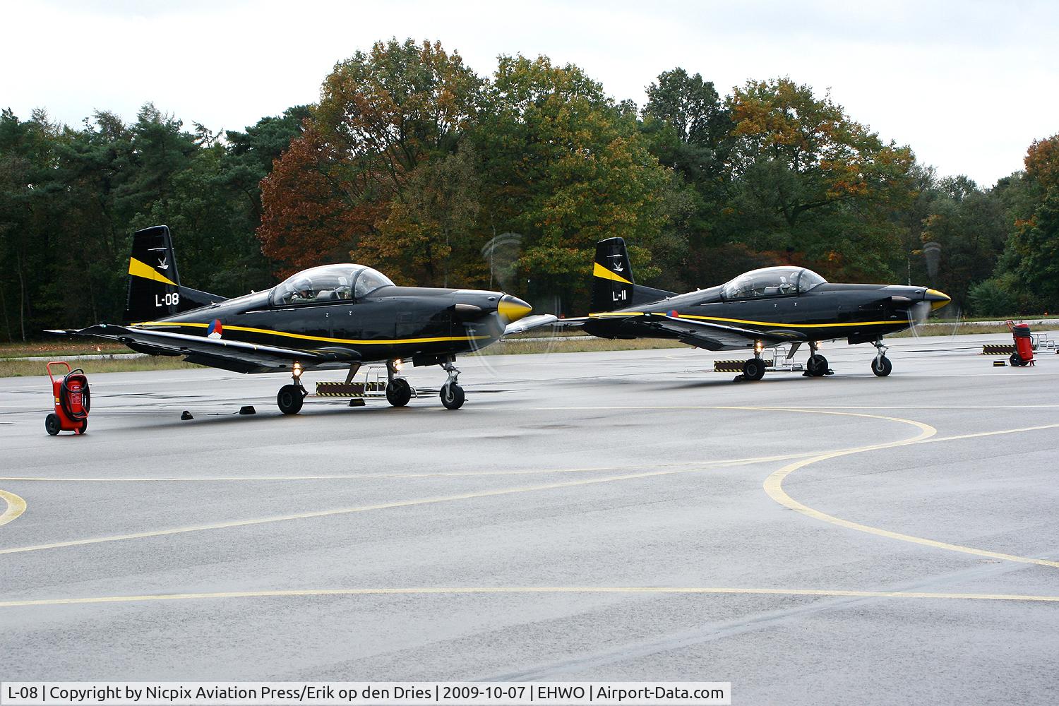 L-08, Pilatus PC-7 Turbo Trainer C/N 545, L-8 and L-11 are Royal Netherlands AF PC-7 basic trainers and are here to be seen on the flightline of Woensdrecht AB; ready to taxi