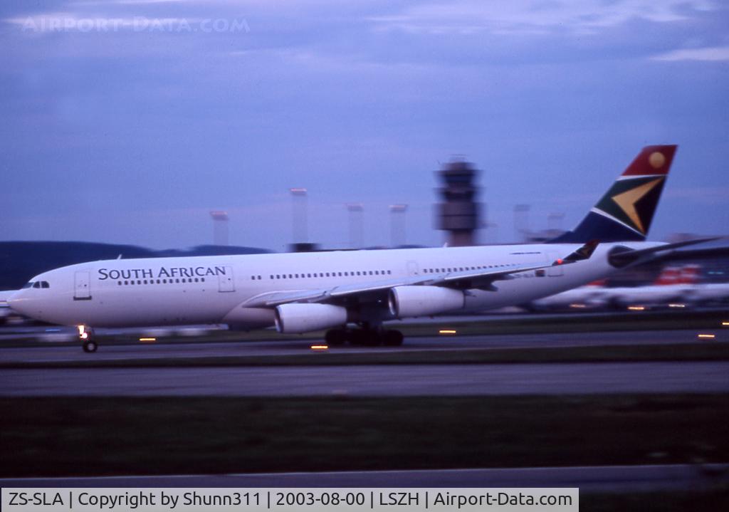ZS-SLA, 1992 Airbus A340-211 C/N 008, On take off at the end of the day for JNB...