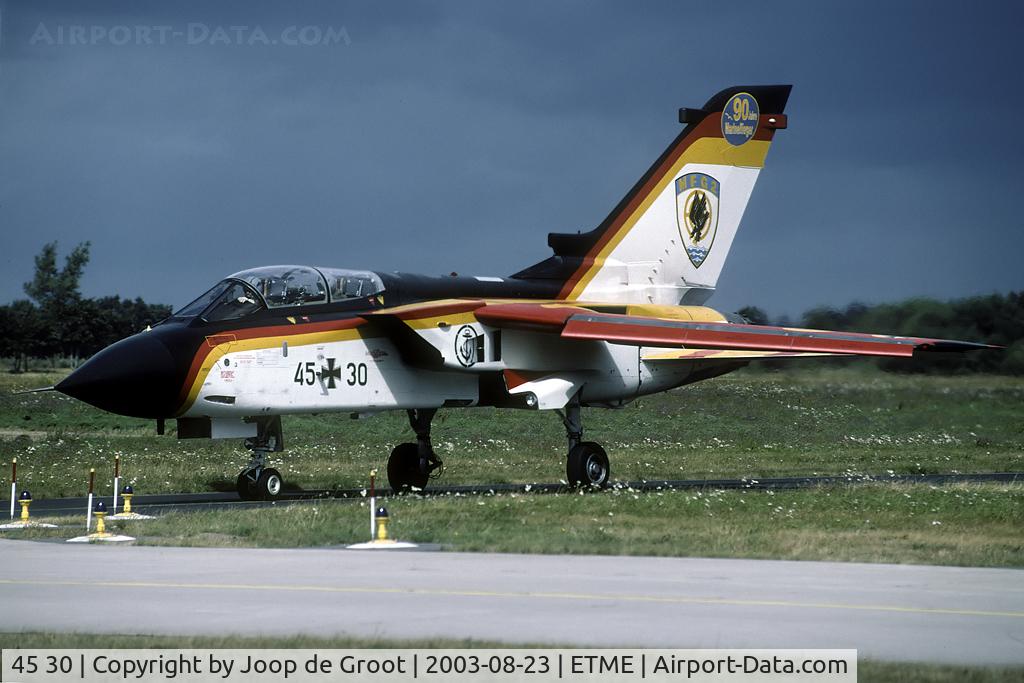 45 30, Panavia Tornado IDS C/N 577/GS178/4230, The last open house at Eggebek saw some sunny weather, but also some heavy showers. This specially painted Tornado marked 90 years of German Navy flying.