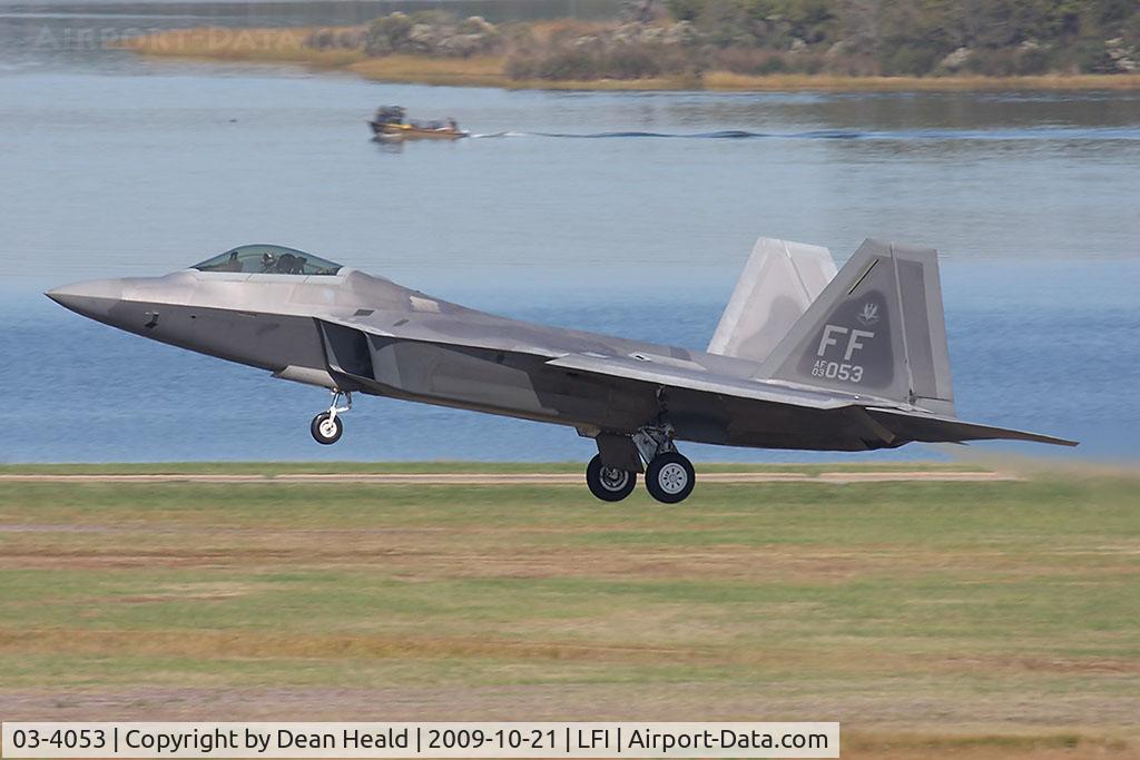 03-4053, 2003 Lockheed Martin F-22A Raptor C/N 4053, United States Air Force Lockheed Martin F-22A Raptor 03-4053 of the 27th FS based here at Langley AFB on landing approach to RWY 26.