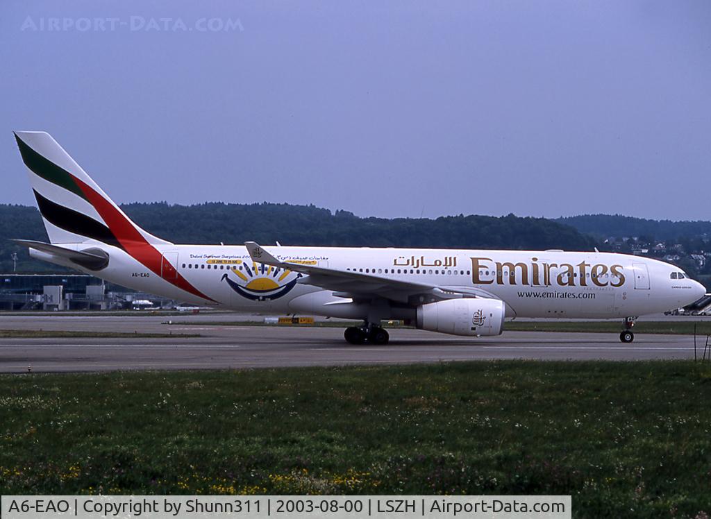 A6-EAO, 2003 Airbus A330-243 C/N 525, Taxiing to the terminal with Dubai Summer Suprise logojet...