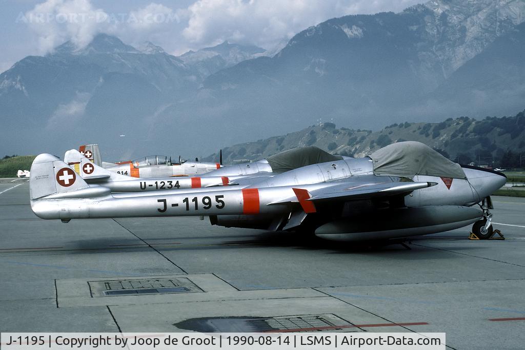 J-1195, De Havilland (FFA) Vampire FB.6 (DH-100) C/N 704, After withdrawl from service most Vampires were flown to Sion for storage. When we paid a visit to the base there were 53 Vampires on the base. Most were still airworthy and many are still flying in the war birds circuit today.