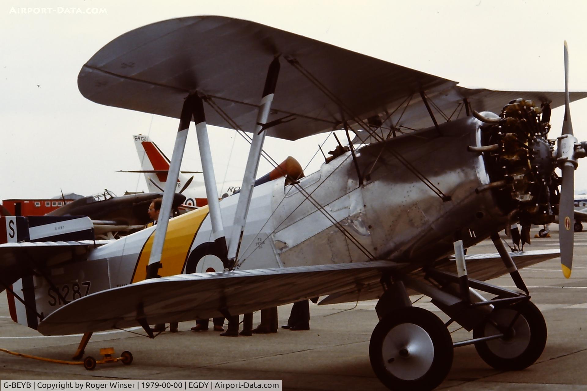 G-BEYB, 1979 Fairey Flycatcher (Westward Airways Ltd replica) C/N WA3, Representing a/c S1287 coded 5 of 405 Flight FAA. At RNAS Yeovilton Naval Air Day 1978?