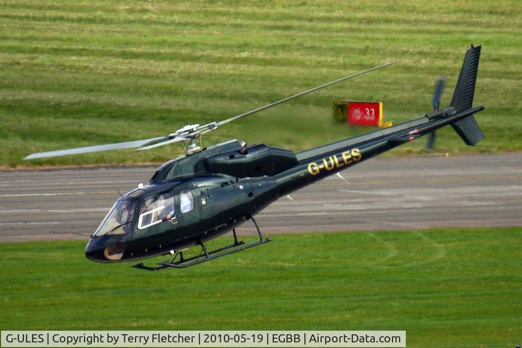 G-ULES, 1987 Aerospatiale AS-355F-2 Ecureuil 2 C/N 5364, 1987 Aerospatiale AS355F2 departs Birmingham