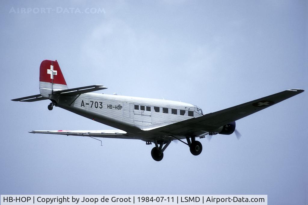 HB-HOP, 1939 Junkers Ju-52/3m g4e C/N 6610, In my very first trip to a Swiss air base I was lucky to see the Ju-52 fly. Although civilian registrated it was still in full Swiss AF markings.