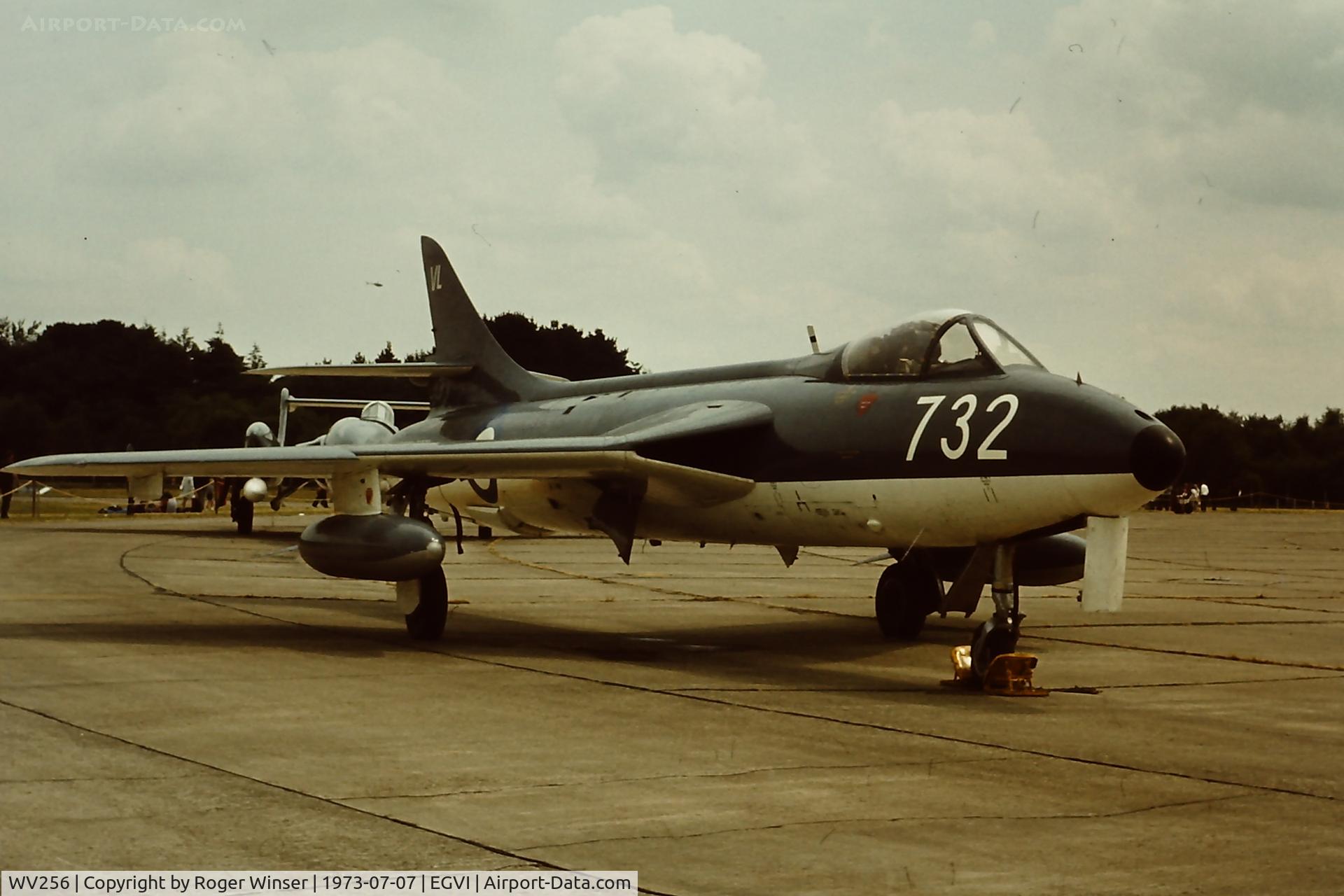 WV256, 1955 Hawker Hunter GA.11 C/N 41H/670762, Coded 732/VL from the RNAS Yeovilton based FRADU. At IAT Greenham Common 1973. Became G-BZPB in 2001