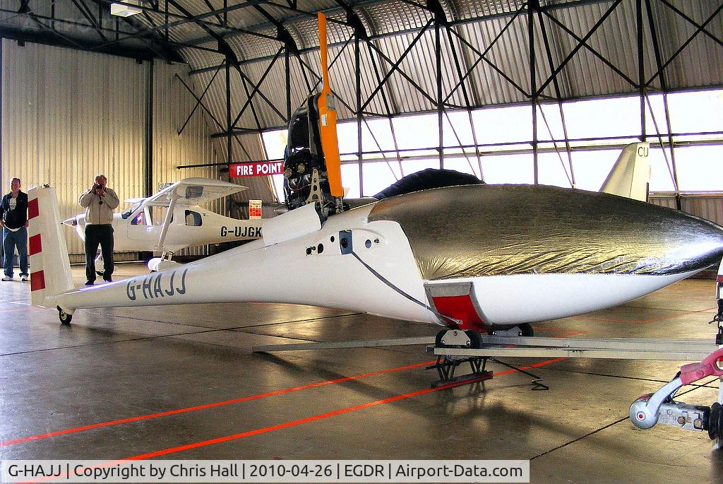 G-HAJJ, 1988 Glaser-Dirks DG-400 C/N 4-225, in the GA hangar at Culdrose