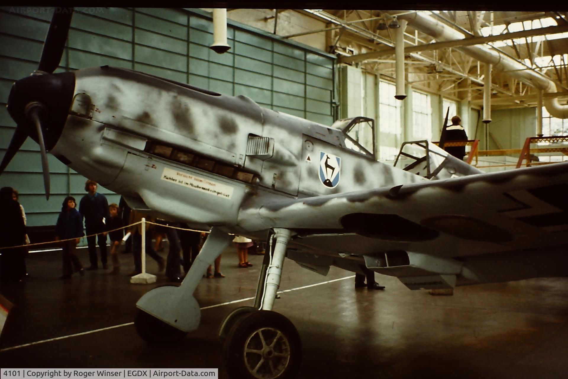 4101, 1940 Messerschmitt Bf-109E-3/B C/N 4101, E-3 variant marked as Black 12. Part of the Historic Aircraft Collection at RAF St Athan in the mid-1970's
