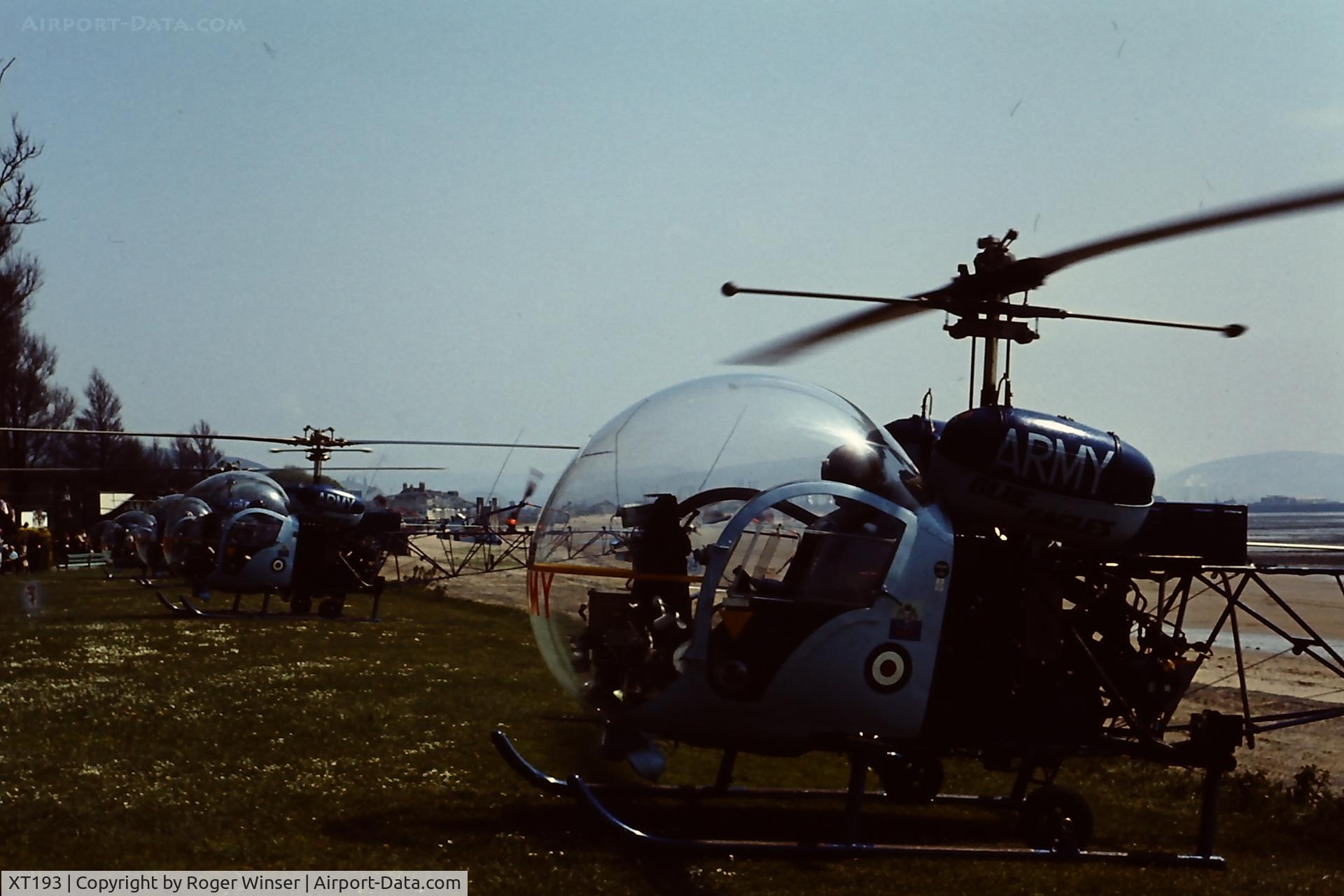 XT193, 1965 Westland Sioux AH.1 C/N WA352, Off airport. Army Air Corps Blue Eagles helicopters at the Swansea Bay Air Show, Wales held in the early 1970's