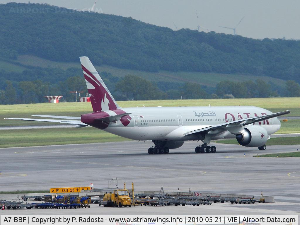 A7-BBF, 2010 Boeing 777-2DZ/LR C/N 36018, Arrived from Houston at VIE and departed about 90 minutes later to Doha - probably a medical emergency was the reason for the landing at VIE