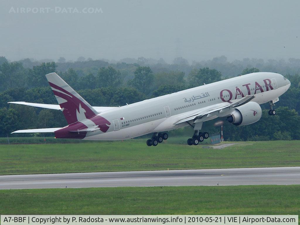 A7-BBF, 2010 Boeing 777-2DZ/LR C/N 36018, Arrived from Houston at VIE and departed about 90 minutes later to Doha - probably a medical emergency was the reason for the landing at VIE