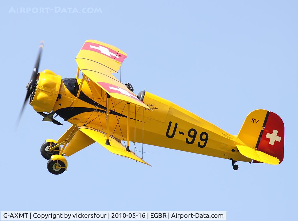 G-AXMT, 1938 Bucker Bu-133C Jungmeister C/N 46, Privately operated, marked as Swiss Air Force U-99. Breighton.