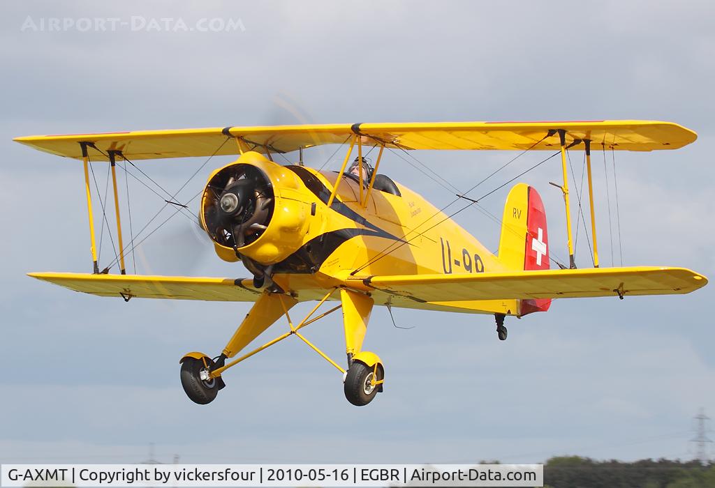 G-AXMT, 1938 Bucker Bu-133C Jungmeister C/N 46, Privately operated, marked as Swiss Air Force U-99. Breighton.