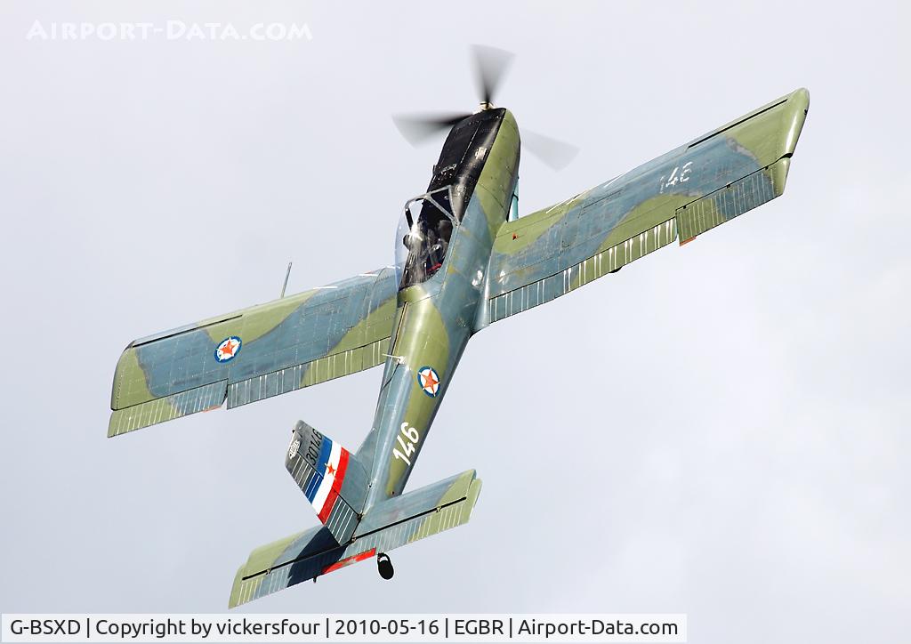 G-BSXD, 1977 Soko P-2 Kraguj C/N 030, Privately operated, wears Yugoslav Air Force markings. Breighton.