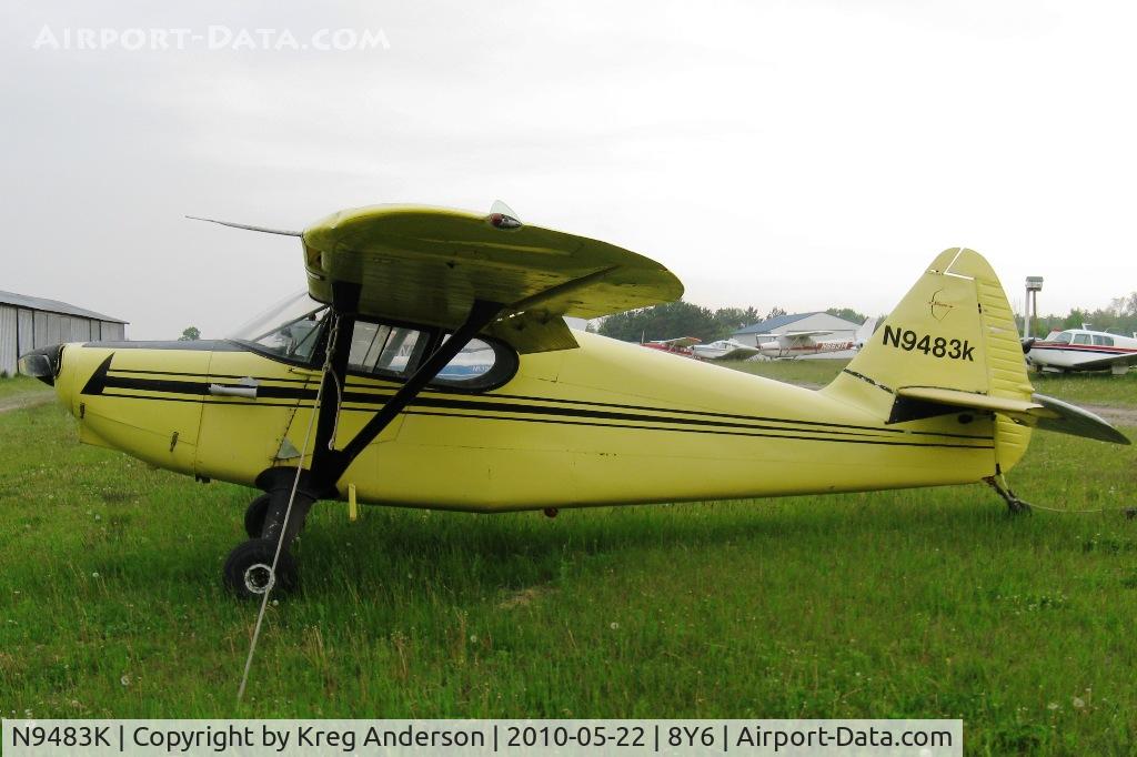 N9483K, 1947 Stinson 108-2 Voyager C/N 108-2483, Tied down at 8Y6. Notice that the last character of the registration number is lowercase.