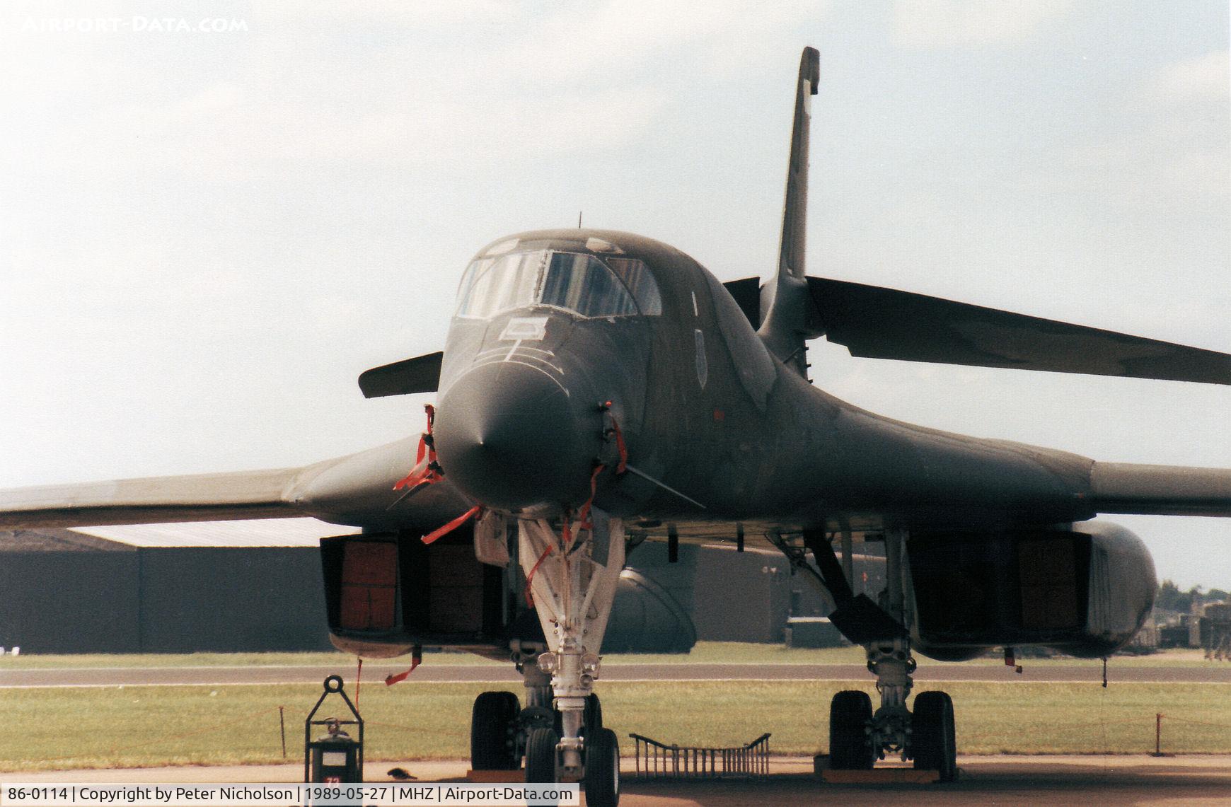 86-0114, 1986 Rockwell B-1B Lancer C/N 74, B-1B Lancer named Wolfhound and callsign Norse 13 of 319th Bombardment Wing at Grand Forks AFB on the flight-line at the 1989 RAF Mildenhall Air Fete.