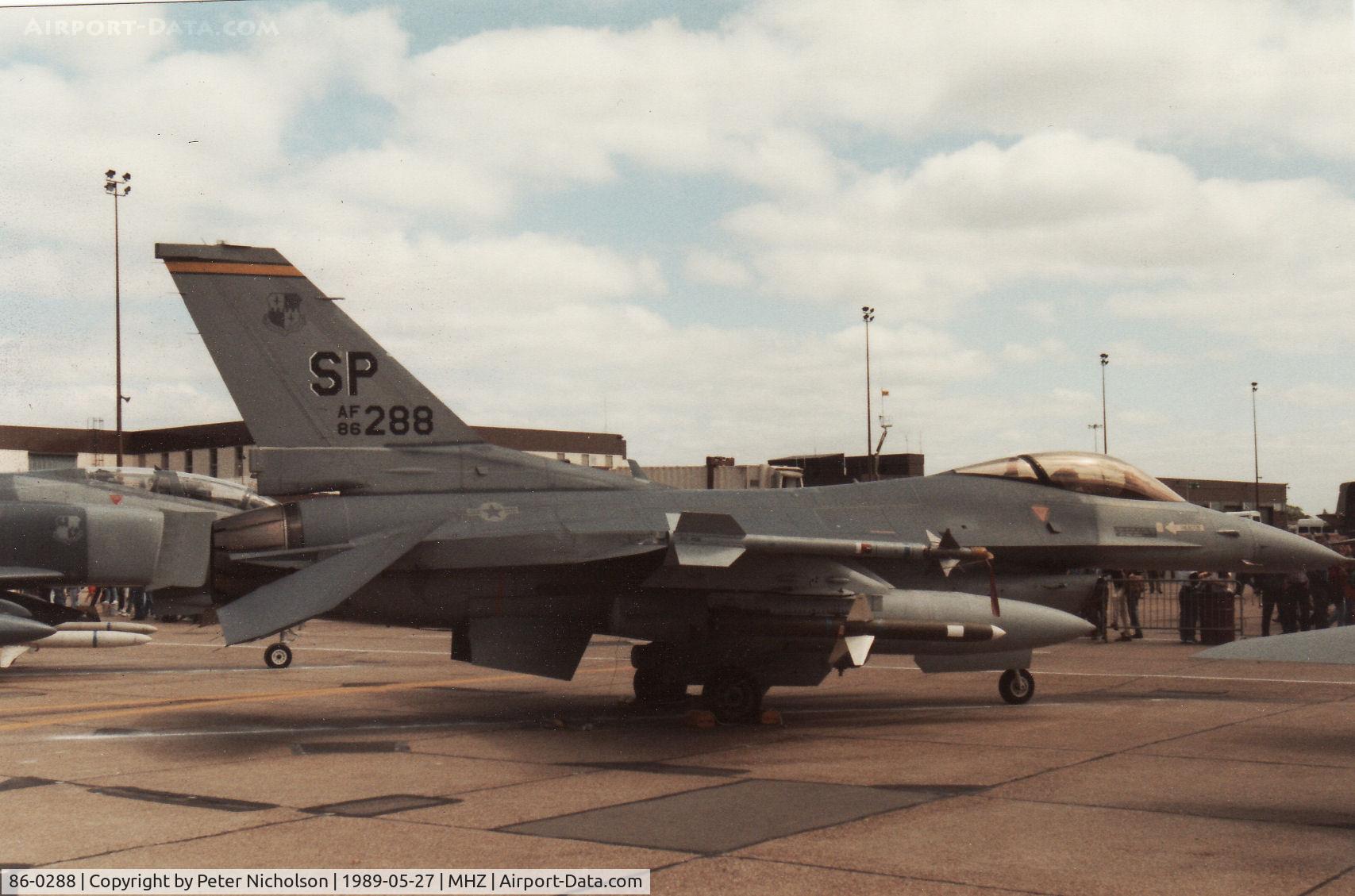 86-0288, 1986 General Dynamics F-16C Fighting Falcon C/N 5C-394, F-16C Falcon of 81st Tactical Fighter Squadron/52nd Tactical Fighter Wing on display at the 1989 RAF Mildenhall Air Fete.