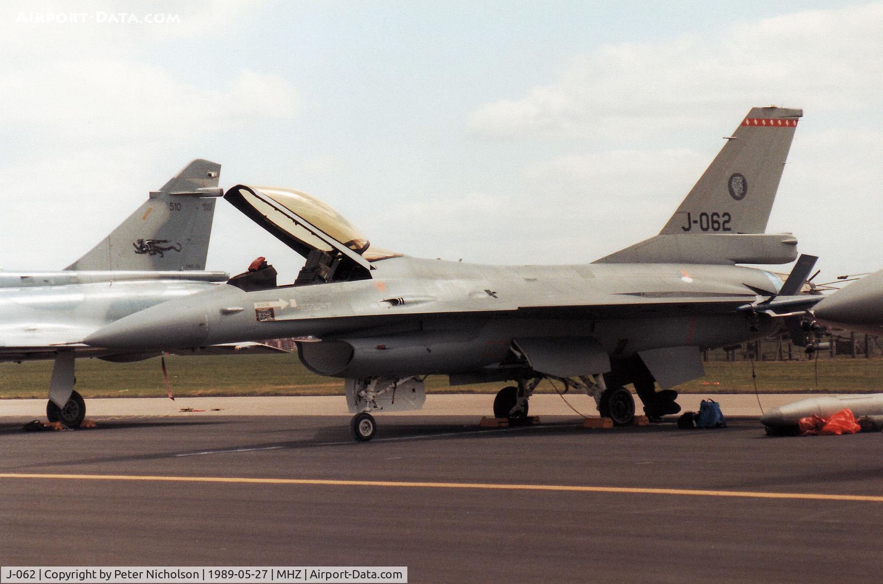 J-062, Fokker F-16AM Fighting Falcon C/N 6D-145, F-16A Falcon of 315 Squadron Royal Netherlands Air Force on the flight-line at the 1989 RAF Mildenhall Air Fete.