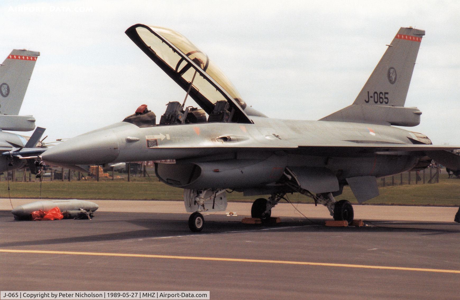 J-065, 1986 General Dynamics F-16BM Fighting Falcon C/N 6E-34, F-16B Falcon of 315 Squadron Royal Netherlands Air Force on the flight-line at the 1989 RAF Mildenhall Air Fete.