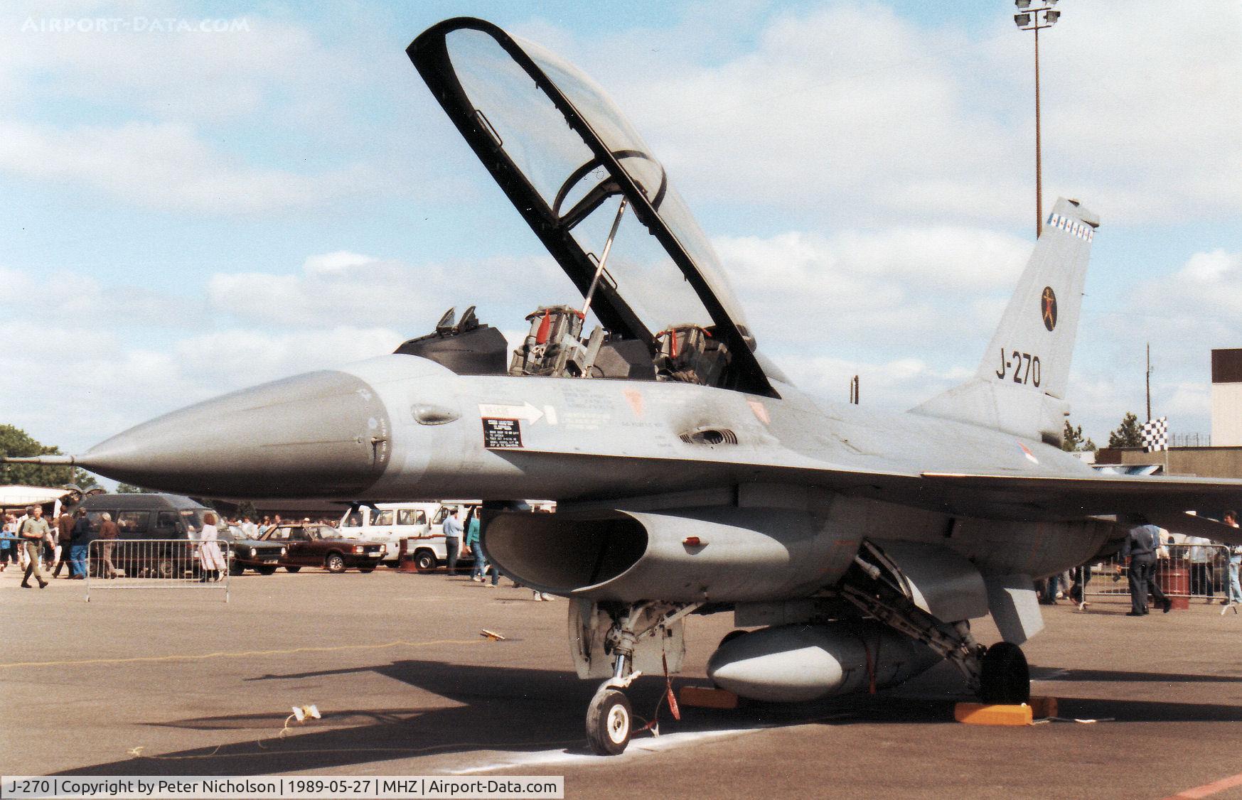 J-270, General Dynamics F-16BM Fighting Falcon C/N 6E-12, F-16B Falcon of 323 Squadron Royal Netherlands Air Force on display at the 1989 RAF Mildenhall Air Fete.