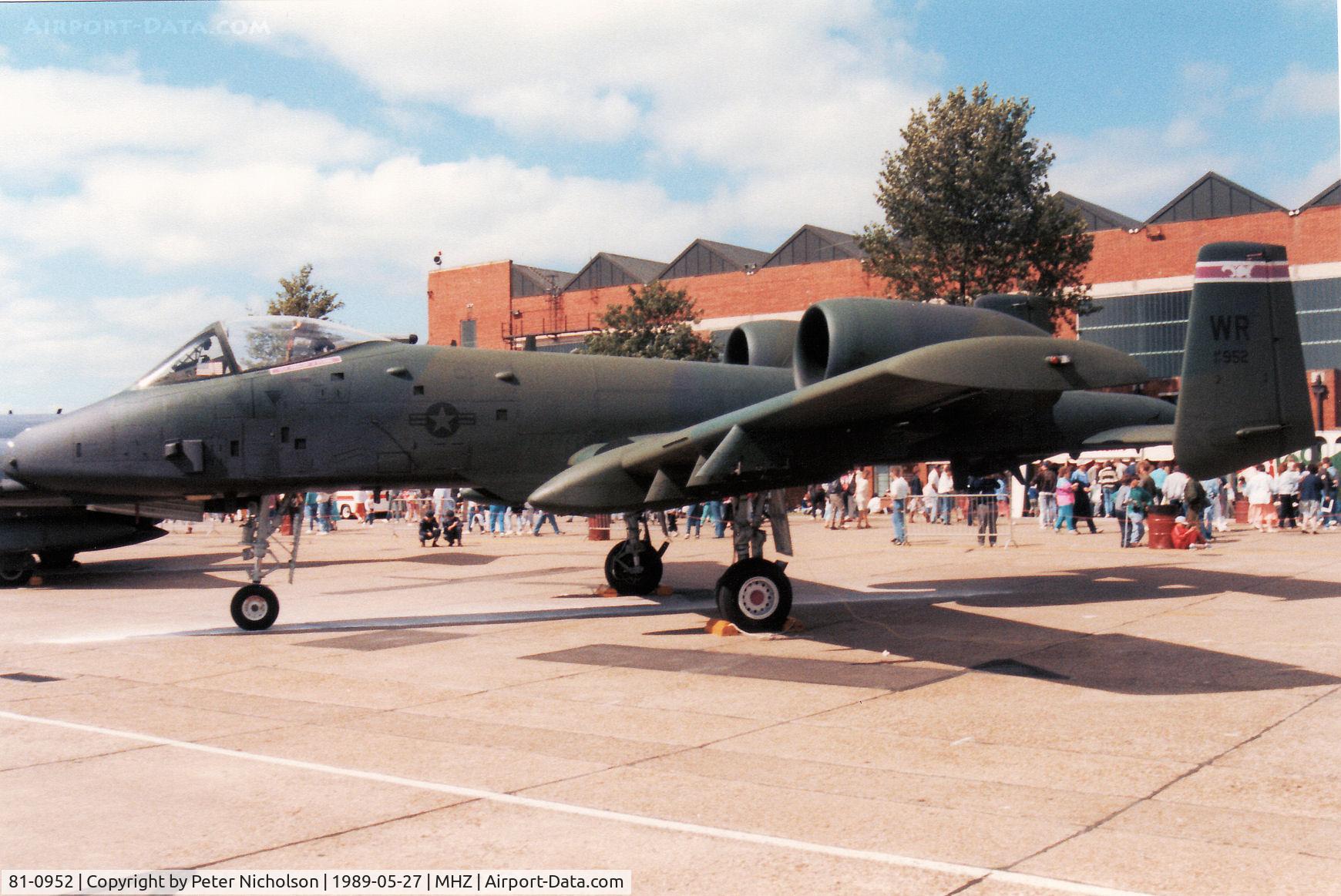 81-0952, 1981 Fairchild Republic A-10A Thunderbolt II C/N A10-0647, A-10A Thunderbolt of 510th Tactical Fighter Squadron/81st Tactical Fighter Wing in the static park at the 1989 RAF Mildenhall Air Fete.