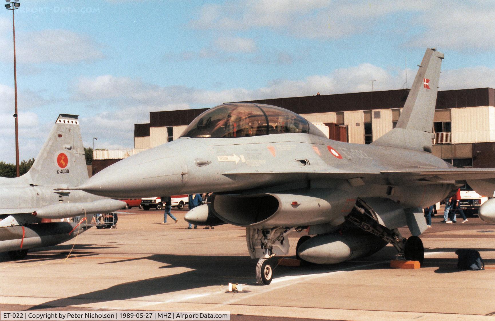 ET-022, 1987 General Dynamics F-16BM Fighting Falcon C/N 6G-16, F-16B of the Royal Danish Air Force in the static park at the 1989 RAF Mildenhall Air Fete - no unit markings were visible, but presumably operated by Esk 726.