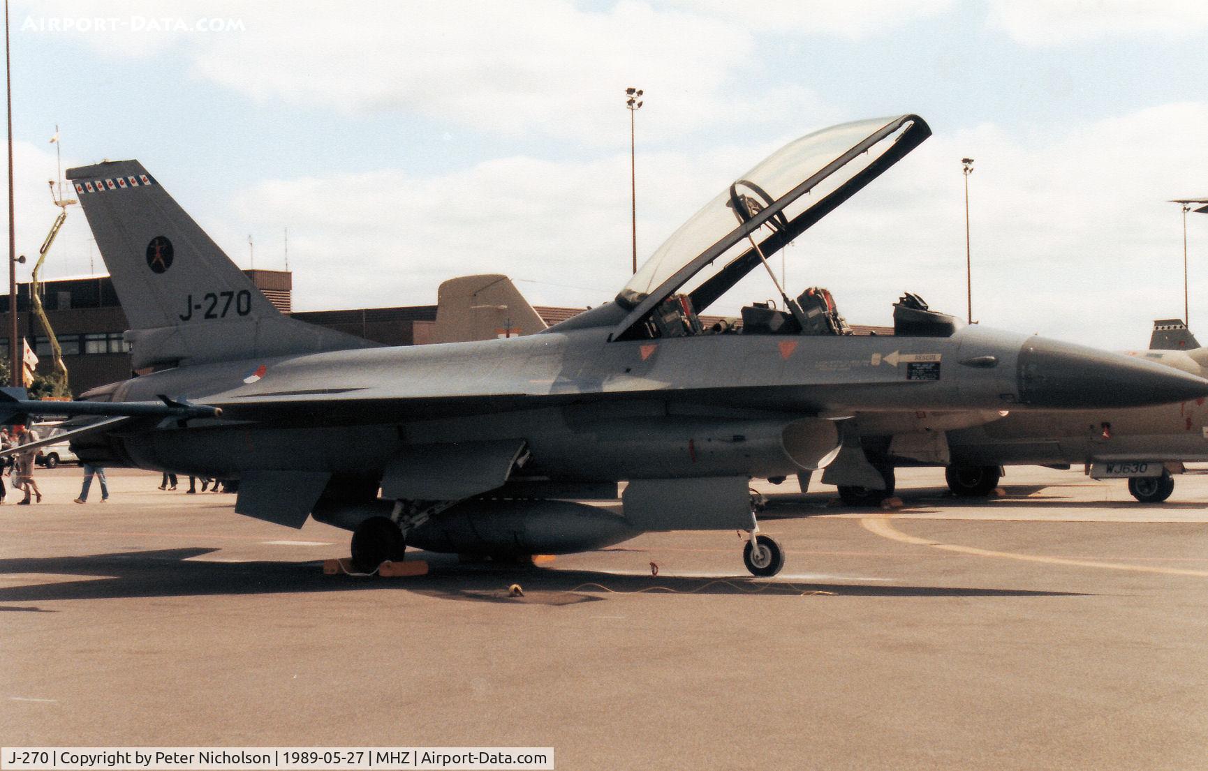 J-270, General Dynamics F-16BM Fighting Falcon C/N 6E-12, F-16B Falcon of 323 Squadron Royal Netherlands Air Force in the static park at the 1989 RAF Mildenhall Air Fete.