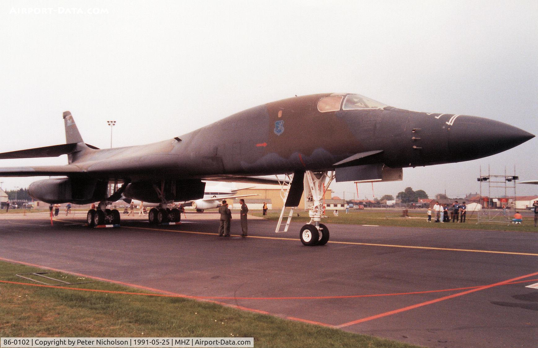 86-0102, 1986 Rockwell B-1B Lancer C/N 62, B-1B Lancer named Lady Hawk of the 28th Bombardment Wing on display at the 1991 RAF Mildenhall Air Fete.