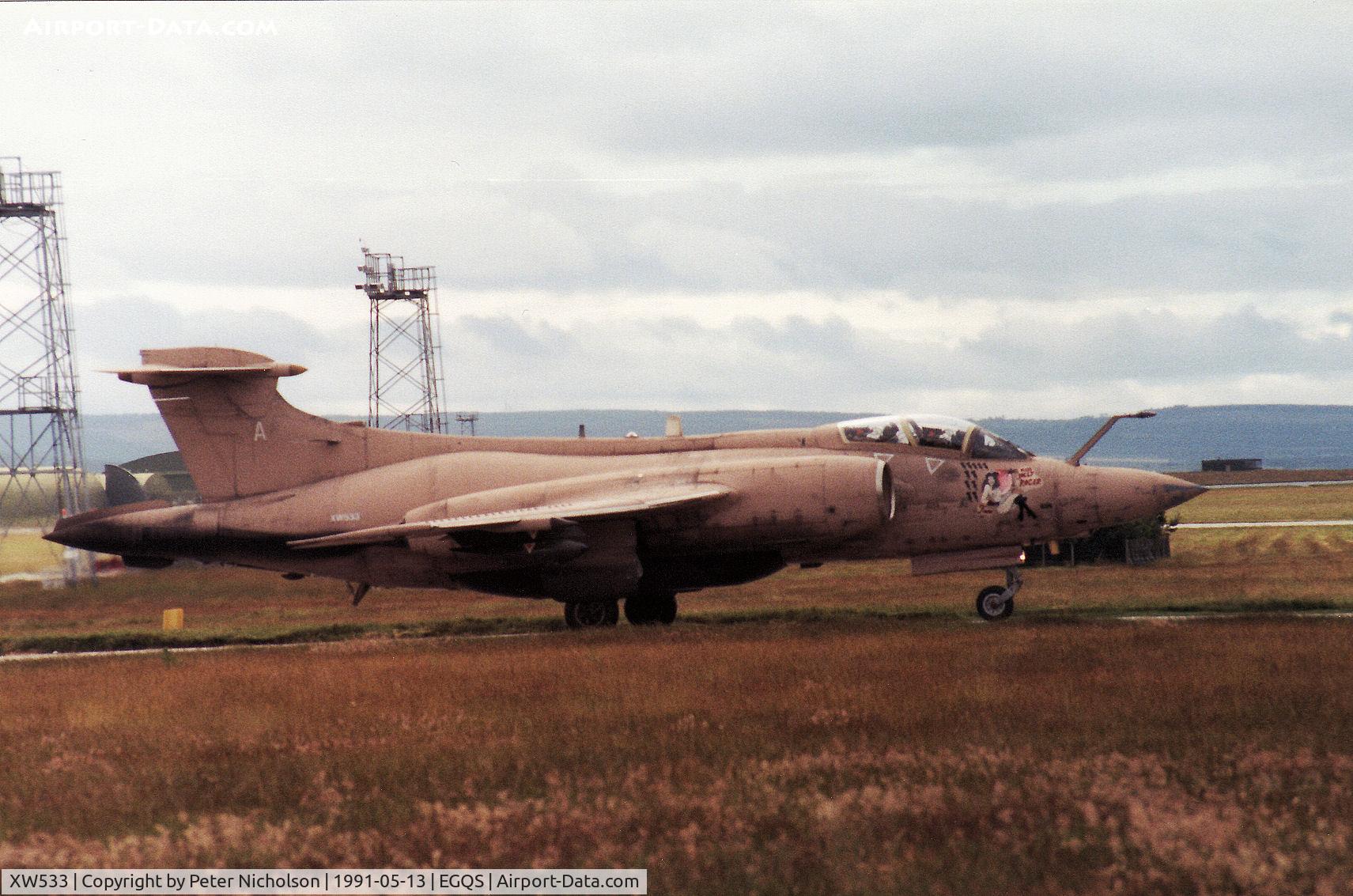 XW533, 1971 Hawker Siddeley Buccaneer S.2B C/N B3-02-70, Buccaneer S.2B of 237 Operational Conversion Unit waiting for clearance to join the active runway at Lossiemouth in May 1991 and wearing Gulf War markings of Fiona/Miss Jolly Roger.