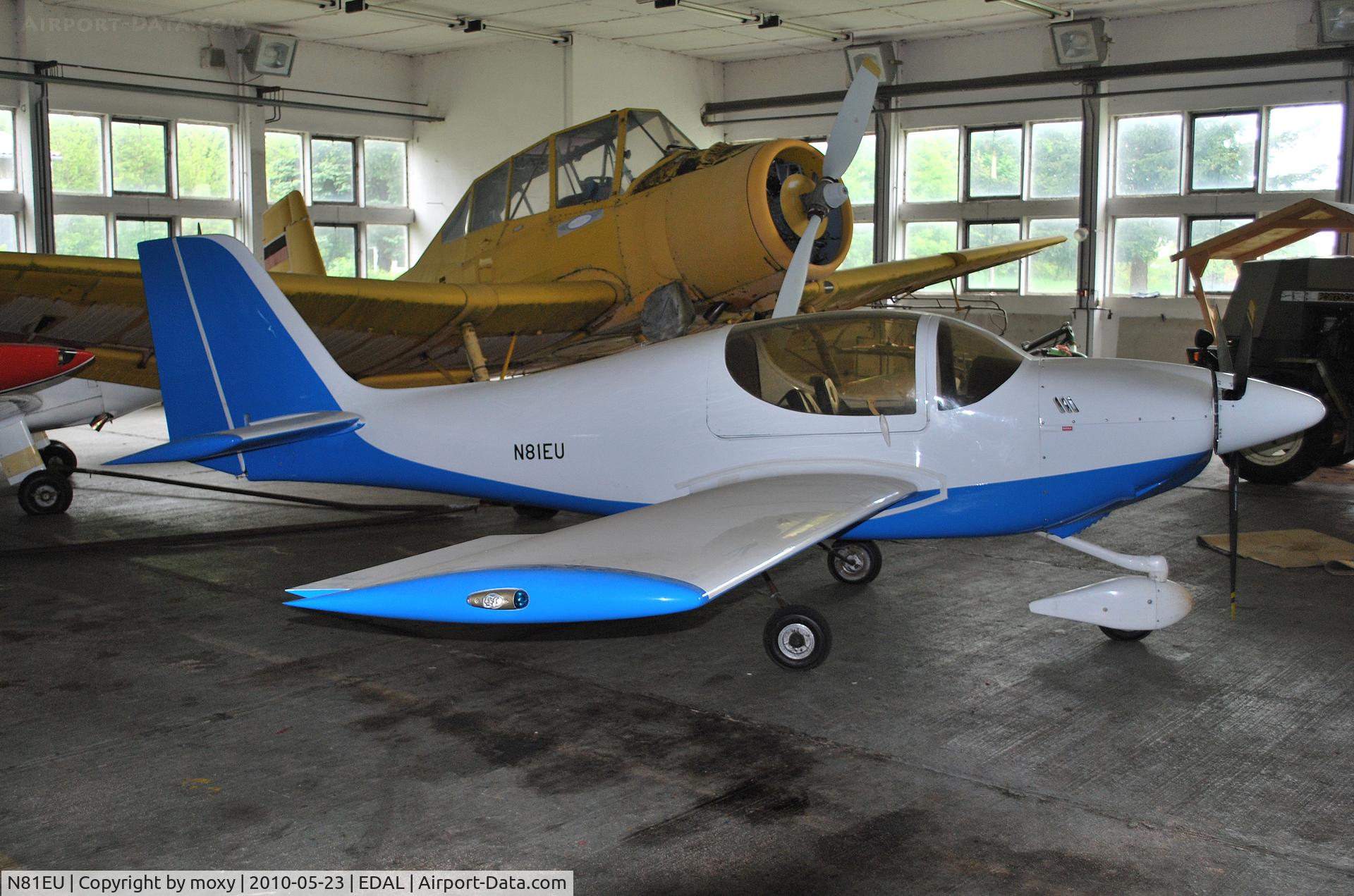N81EU, 1997 Europa Tri Gear C/N UK81, First Europa built in US and first to fly around the world. Marooned in hangar at now closed Furstenwalder. Hopefully airfield may re-open 2011.