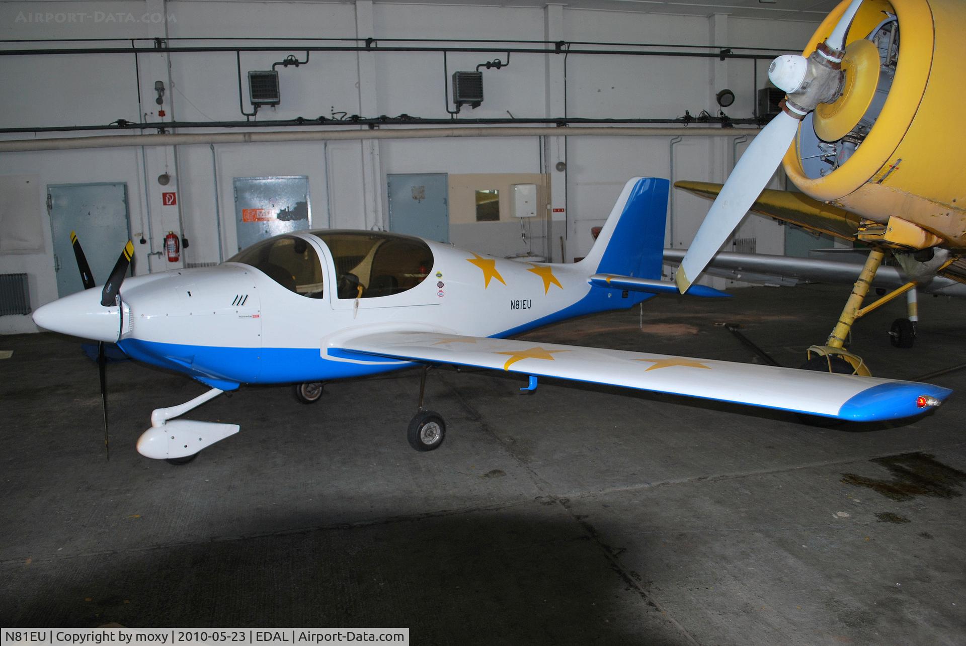 N81EU, 1997 Europa Tri Gear C/N UK81, First Europa built in US and first to fly around the world. Marooned in hangar at now closed Furstenwalder. Hopefully airfield may re-open 2011.