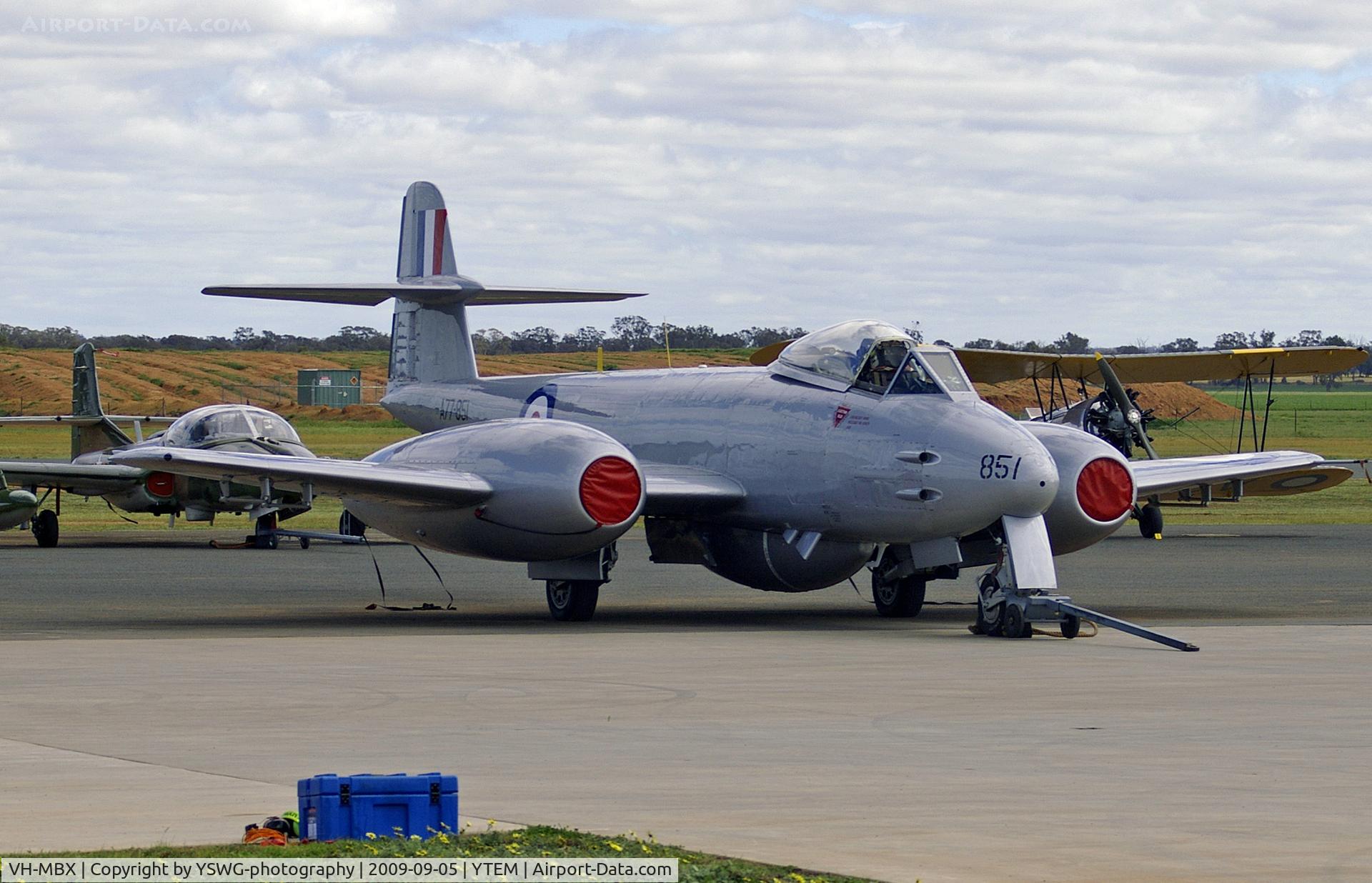VH-MBX, 1950 Gloster Meteor F.8 C/N G5/361641, Former RAF Gloster Meteor (c/n G5/361641) F.8 now painted up as RAAF A77-851 (Halestorm), which is the only flying Gloster Meteor f.8 in the world, at Temora Aviation Museum.