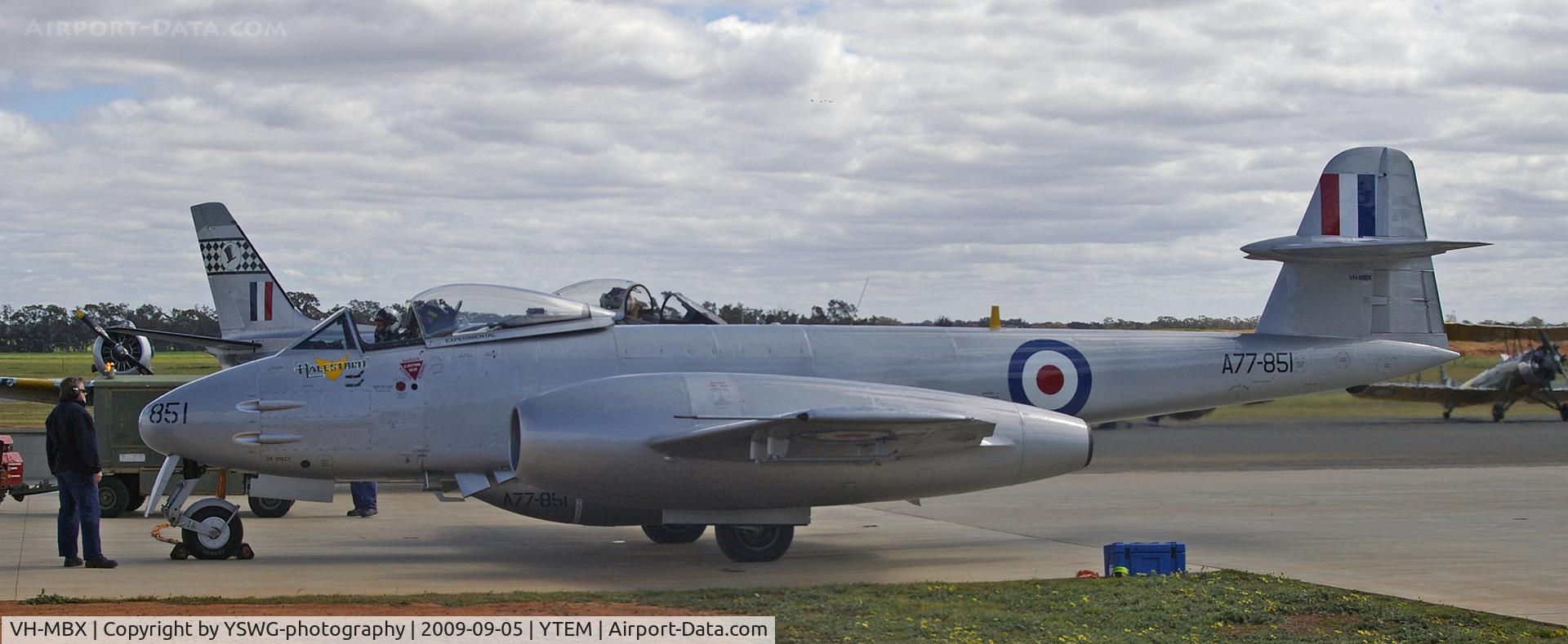 VH-MBX, 1950 Gloster Meteor F.8 C/N G5/361641, Former RAF Gloster Meteor (c/n G5/361641) F.8 now painted up as RAAF A77-851 (Halestorm), which is the only flying Gloster Meteor f.8 in the world, at Temora Aviation Museum.