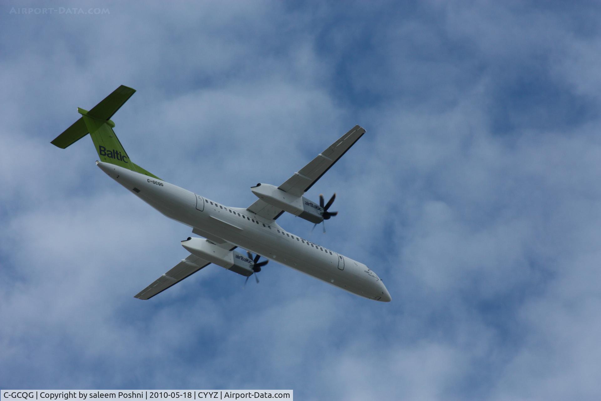 C-GCQG, 2010 De Havilland Canada DHC-8-402Q Dash 8 C/N 4309, Bombardier Q-400 on order from Baltic Airlines(Latvia).  Taking off from Pearson Inter'nal and returning to Bombardier plant at Downsview airport.