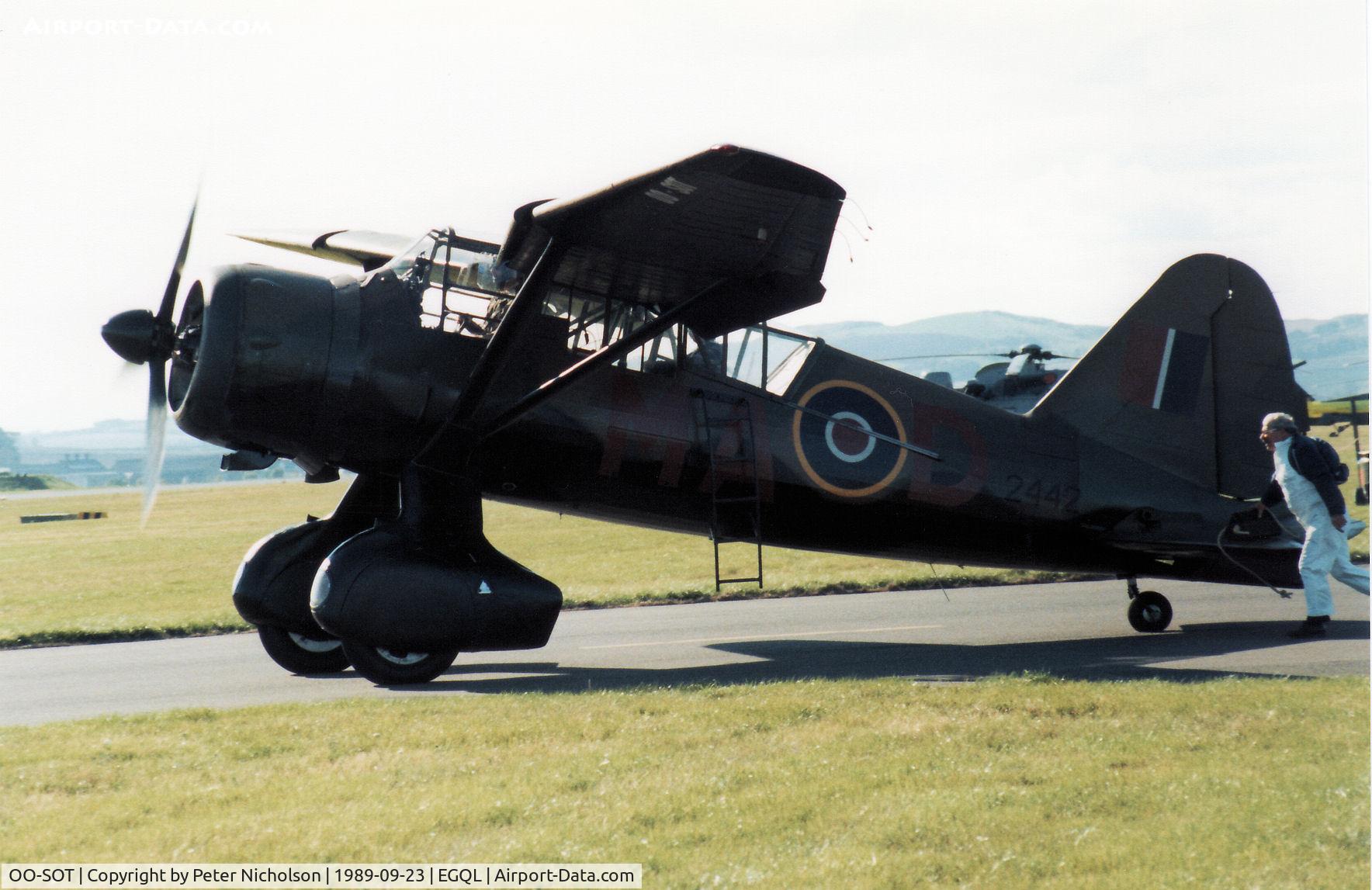 OO-SOT, 1942 Westland Lysander IIIA C/N Y1530, Lysander III operated by the Sabena Old Timers on display at the 1989 RAF Leuchars Airshow.