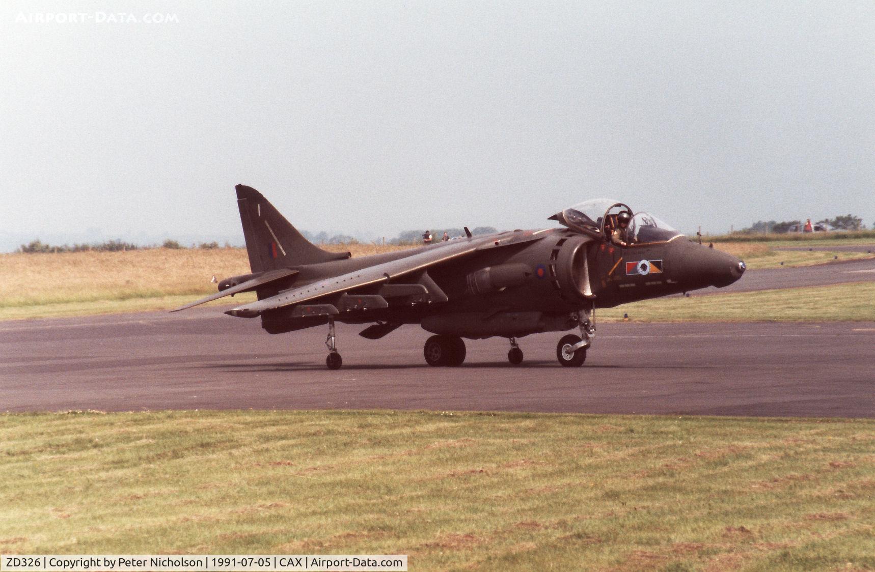 ZD326, 1988 British Aerospace Harrier GR.5 C/N 512114/P7, Harrier GR.5, callsign WIT 16, of 233 Operational Conversion Unit at RAF Wittering paying a visit to Carlisle in the Summer of 1991.