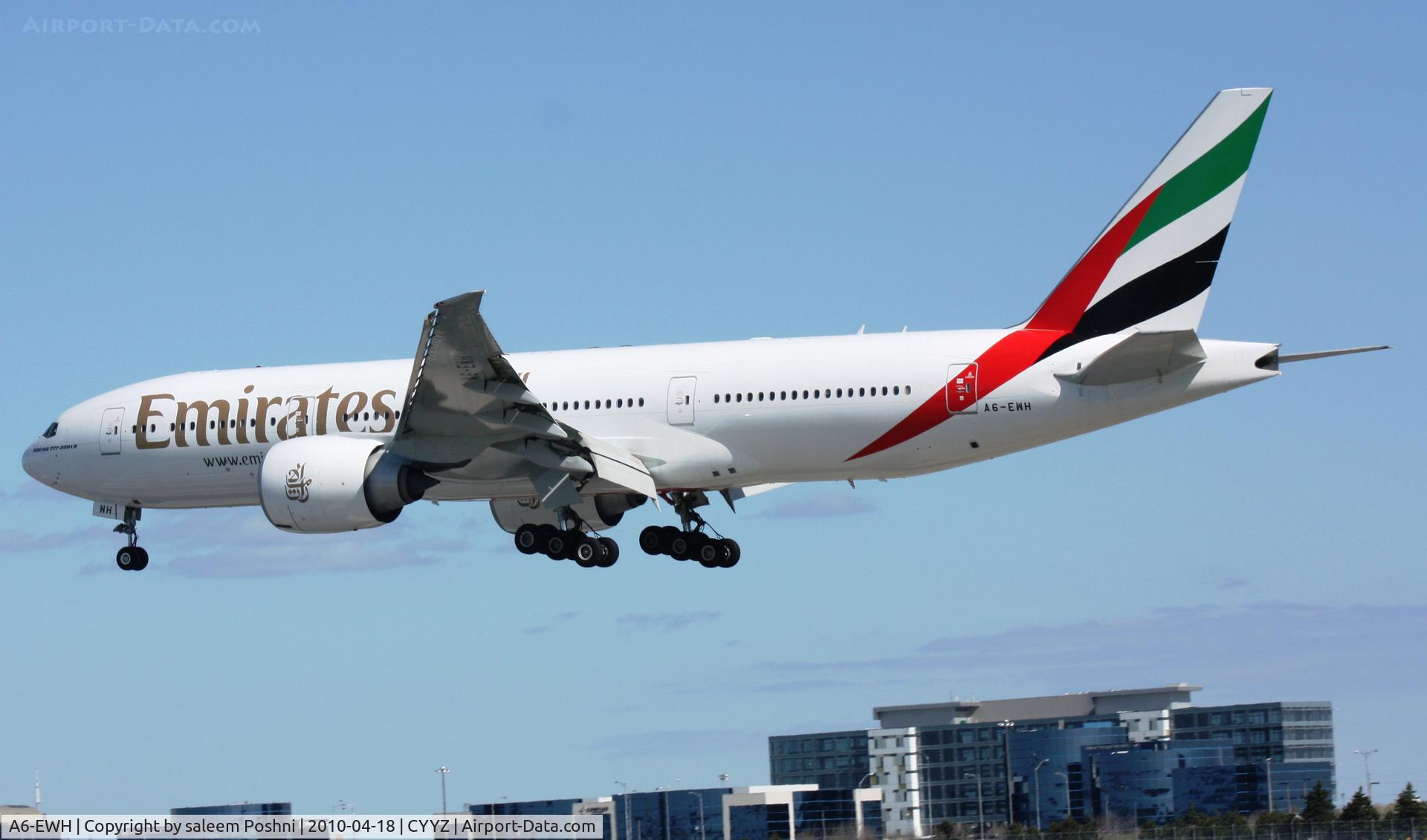 A6-EWH, 2008 Boeing 777-21H/LR C/N 35587, Emirates on a refueling stop at CYYZ on it's way to SFO during Iceland's volcanic ash air disruption.  Flights were re-routed south of the ash.