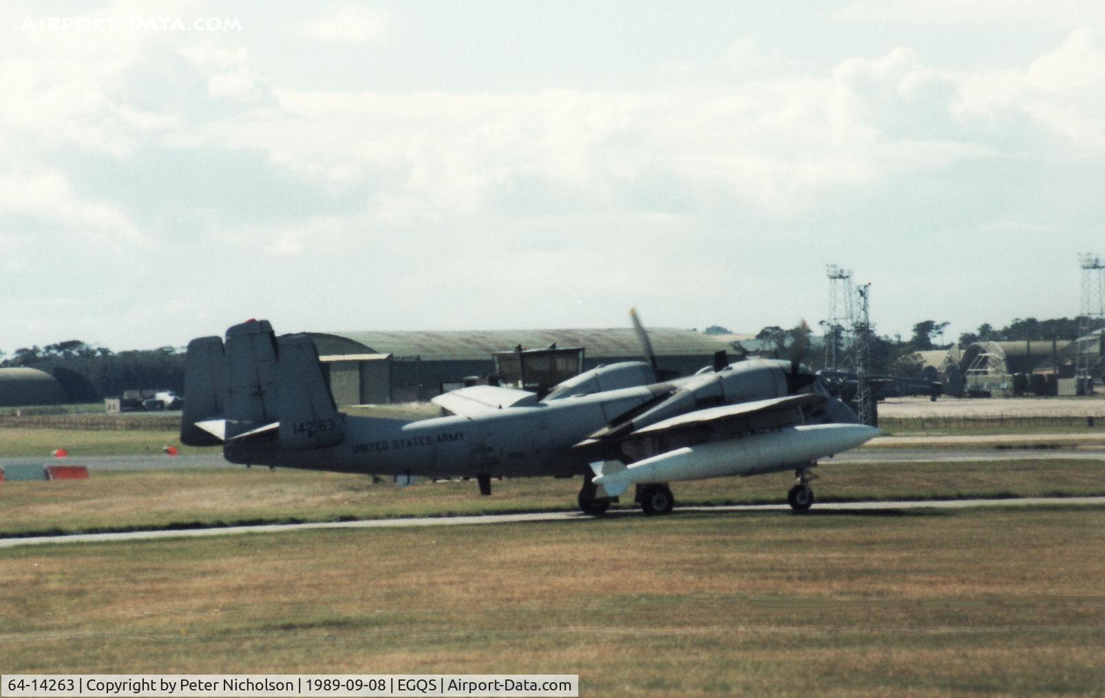 64-14263, 1964 Grumman RV-1D Mohawk C/N 91B, OV-1D Mohawk of the US Army's 3rd Military Intelligence Battalion departing RAF Lossiemouth in September 1989.