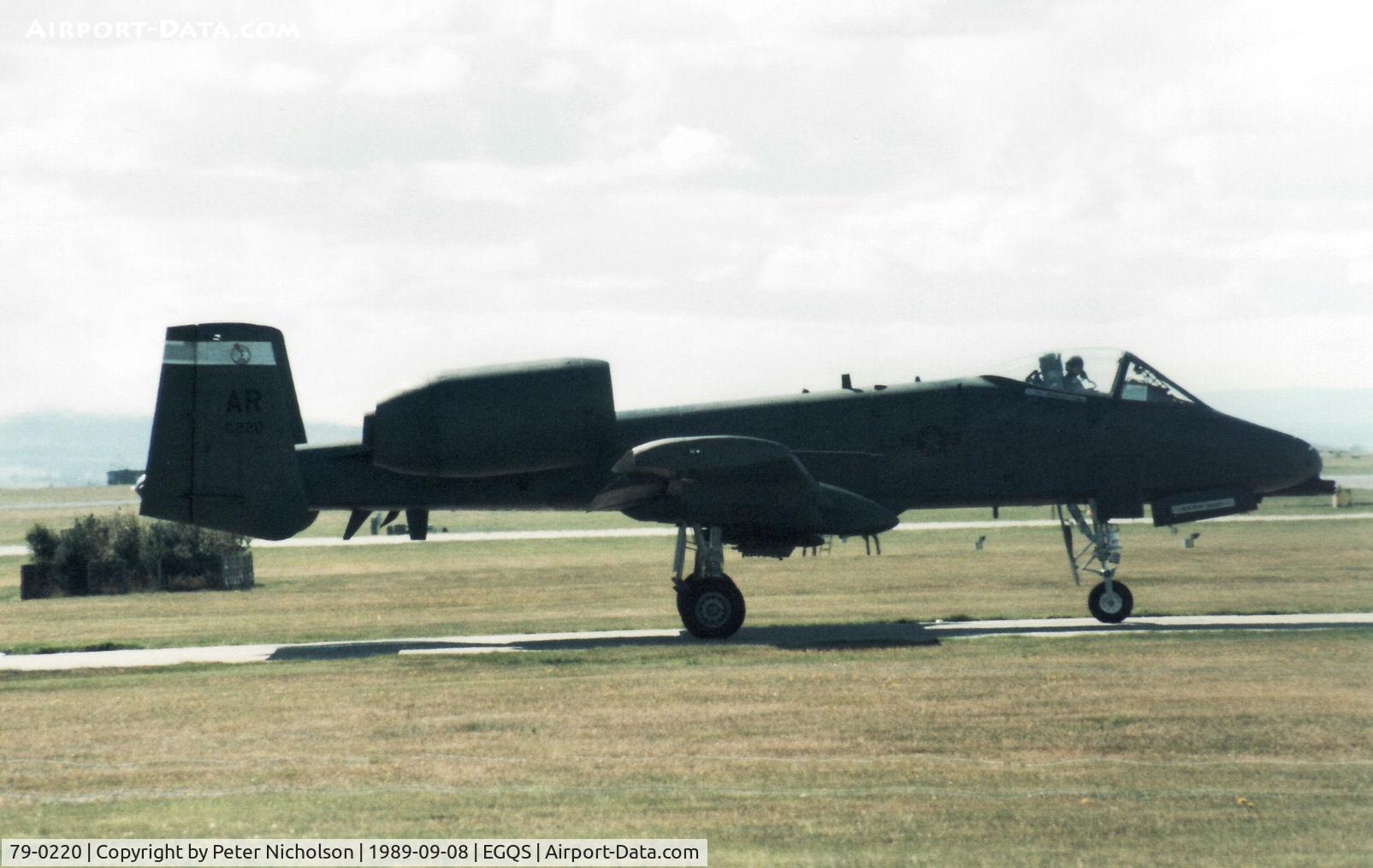 79-0220, 1979 Fairchild Republic A-10A Thunderbolt II C/N A10-0484, A-10A Thunderbolt of 509th Tactical Fighter Squadron/10th Tactical Fighter Wing based at RAF Alconbury preparing to depart from RAF Lossiemouth in September 1989.