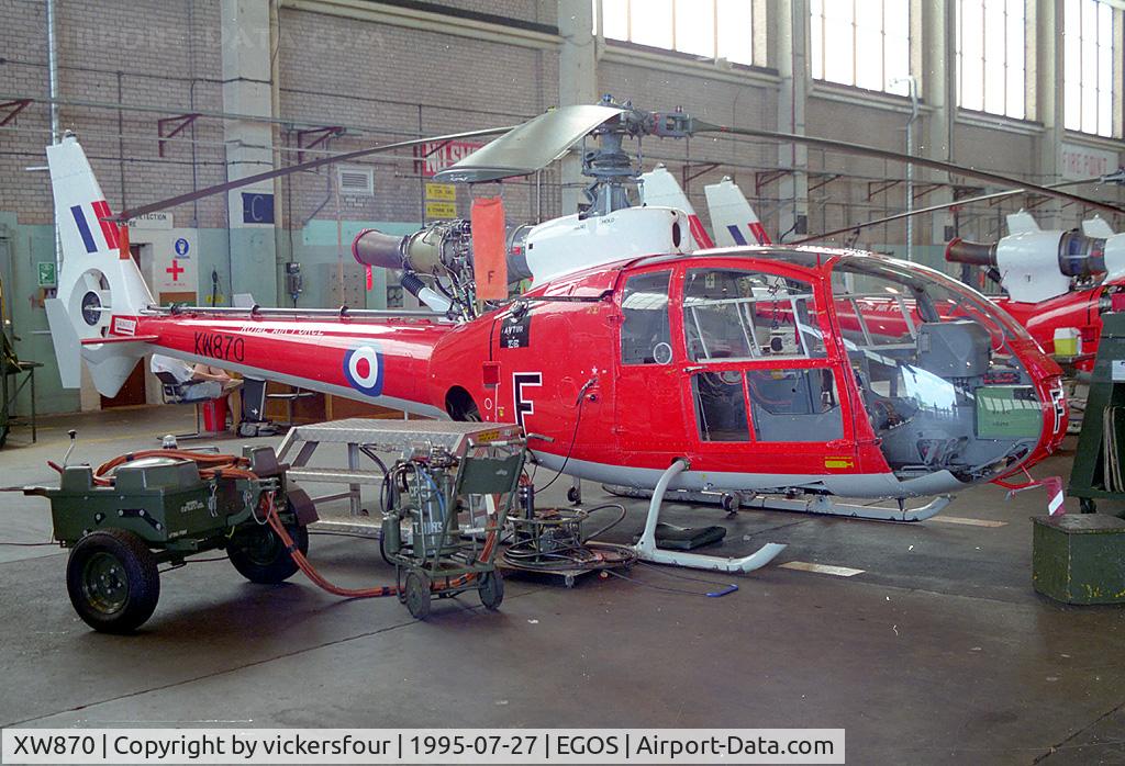 XW870, 1973 Westland SA-341D Gazelle HT3 C/N WA1146, Royal Air Force. Operated by 2 FTS, coded 'F'.