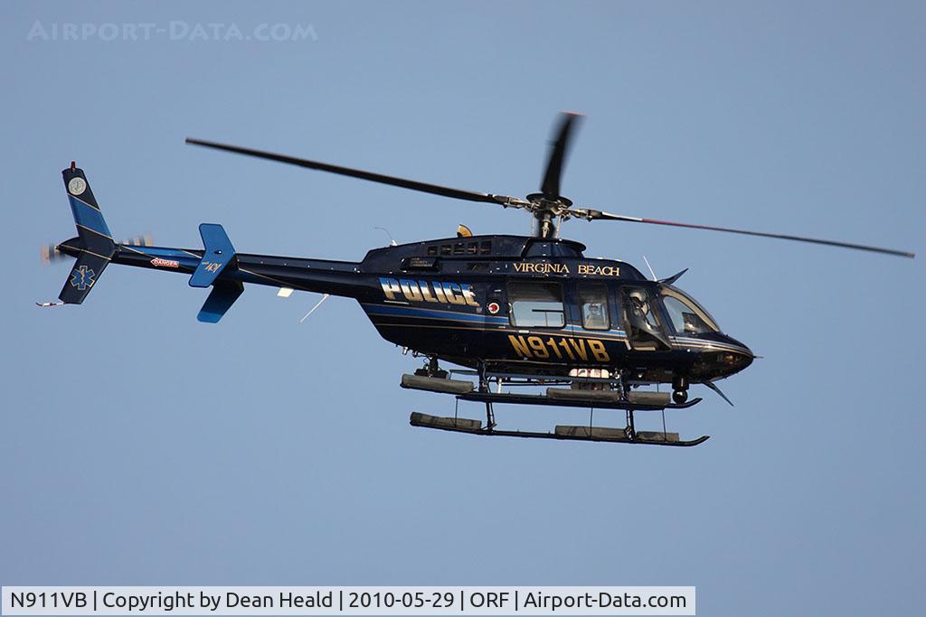 N911VB, 2007 Bell 407 C/N 53781, Virginia Beach Police Department's 2007 Bell 407 N911VB making a low pass down RWY 23 during routine patrol operations.