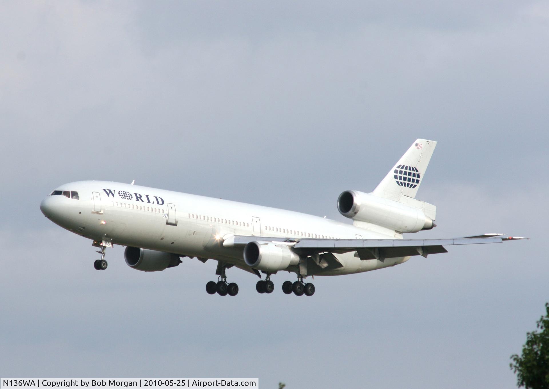 N136WA, 1982 McDonnell Douglas DC-10-30 C/N 47844, World Airways N136WA on short final Rwy 03 at Pope AFB, NC 25 May 2010