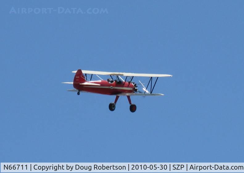 N66711, 1941 Boeing IB75A C/N 75-1675, 1941 Boeing Stearman 1B75A, Jacobs R-755B2 275 Hp, Restricted, Experimental class, takeoff climb Rwy 22