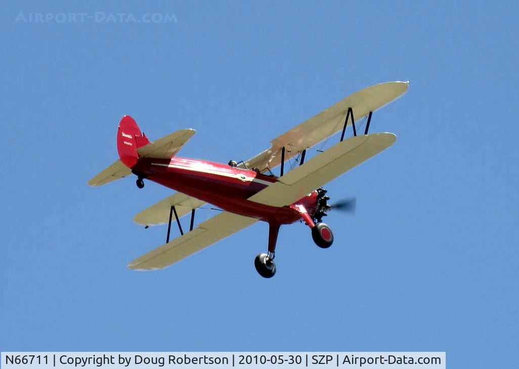 N66711, 1941 Boeing IB75A C/N 75-1675, 1941 Boeing Stearman 1B75A, Jacobs R-755B2 275 Hp, Restricted, Experimental class, takeoff climb Rwy 22