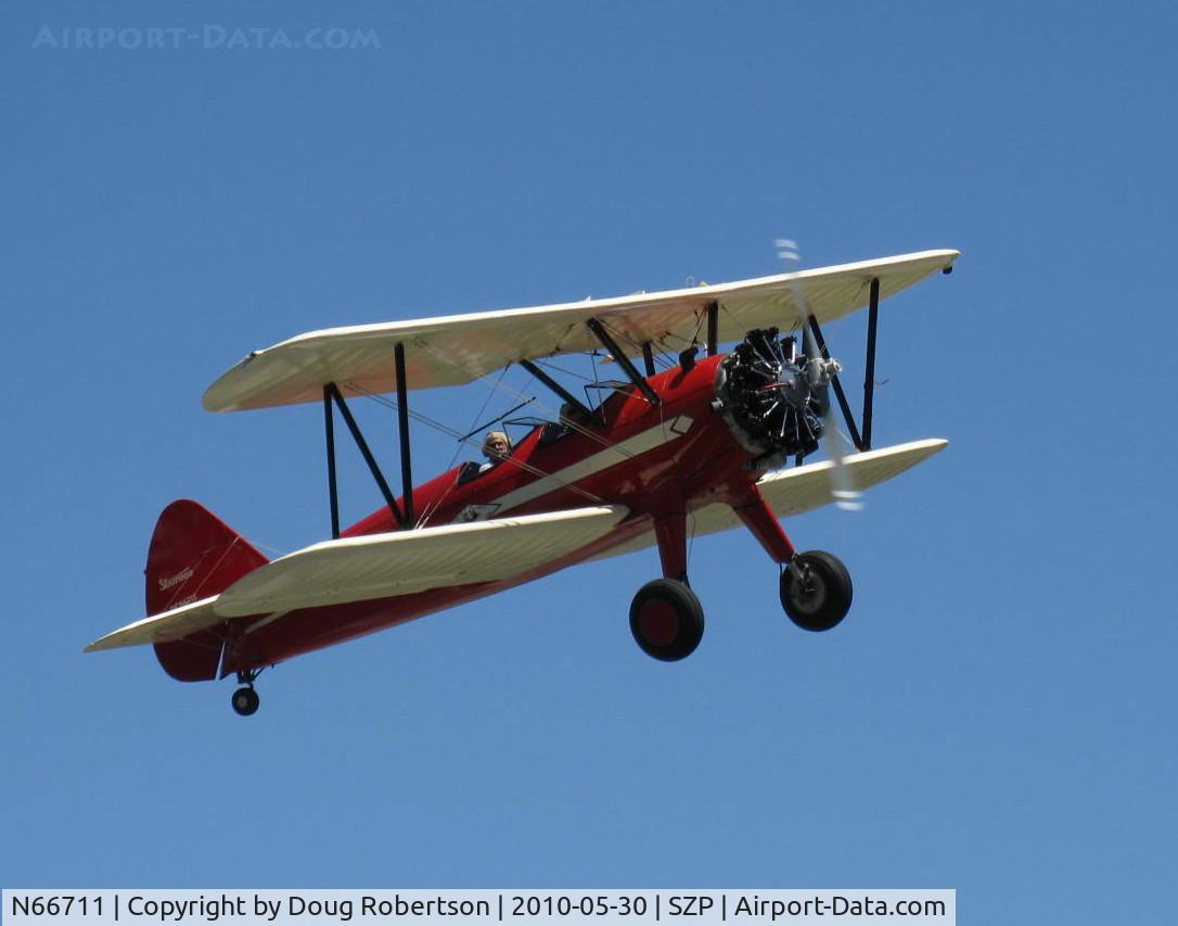 N66711, 1941 Boeing IB75A C/N 75-1675, 1941 Boeing Stearman 1B75A, Jacobs R-755B2 275 Hp, Restricted, Experimental class, takeoff climb Rwy 22