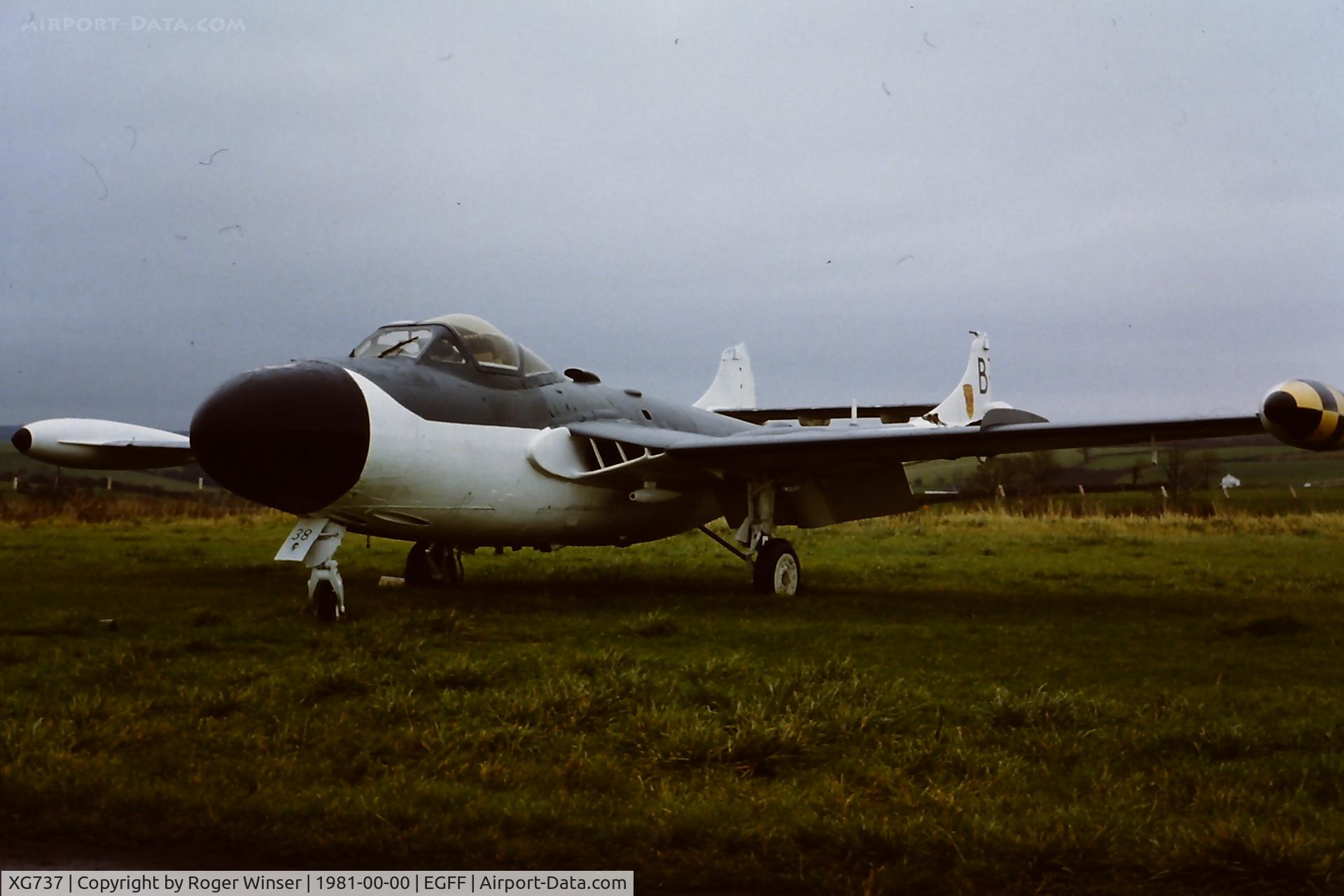 XG737, De Havilland DH-112 Sea Venom FAW.22 C/N 121138, Part of the Wales Air Museum collection, Cardiff Airport in 1981. Coded 438/B of 891 NAS.