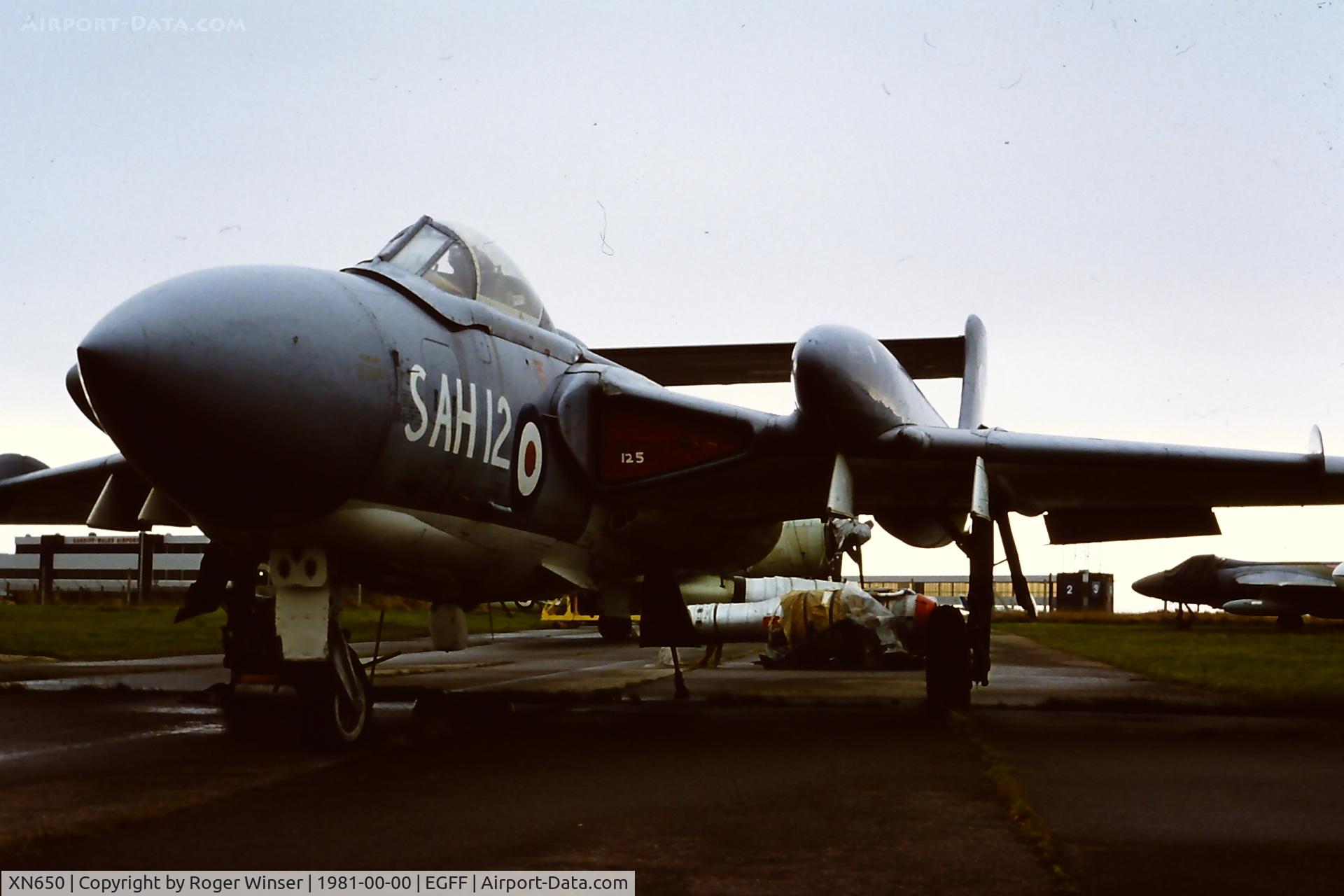 XN650, 1961 De Havilland DH-110 Sea Vixen FAW.2 C/N 10082, Part of the Wales Air Museum collection, Cardiff Airport in 1981. Coded SAH-12